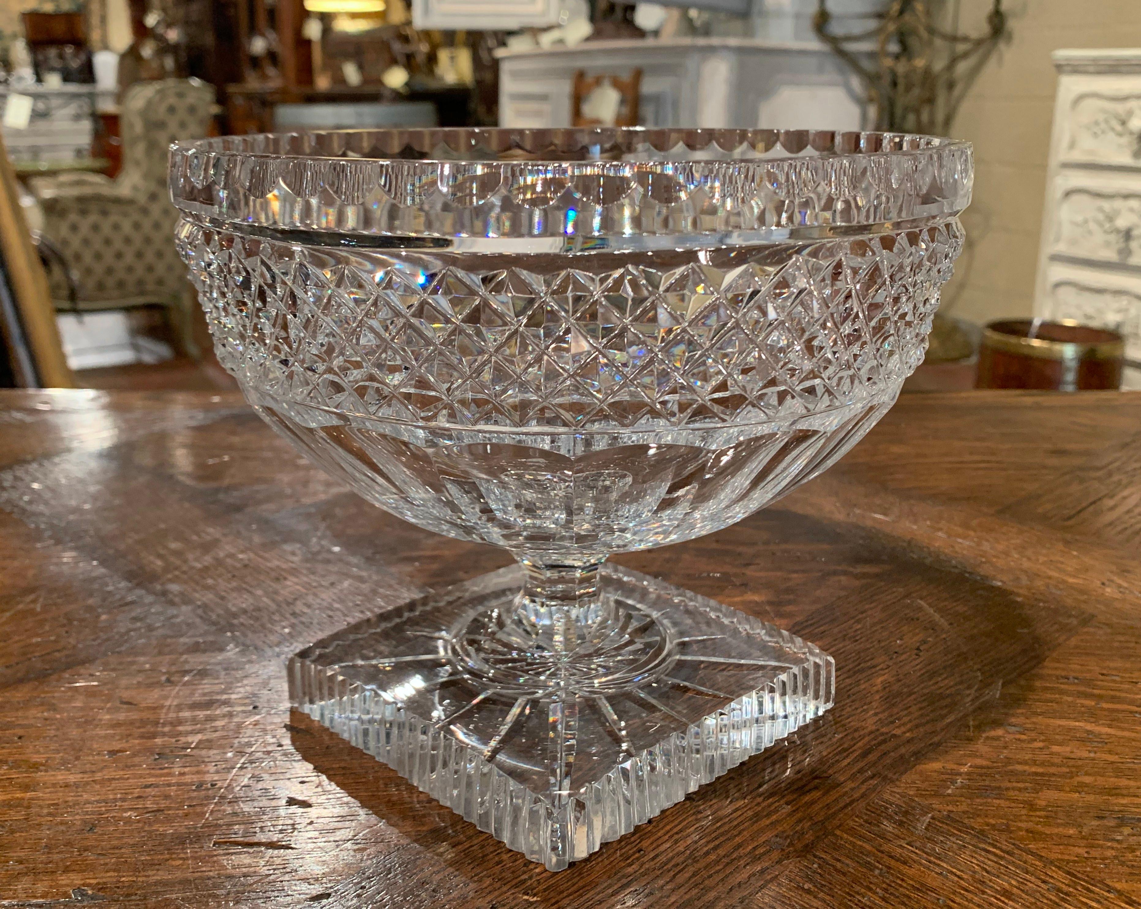 Hand-Crafted Midcentury French Cut Glass Crystal Decorative Compote Centerpiece Bowl