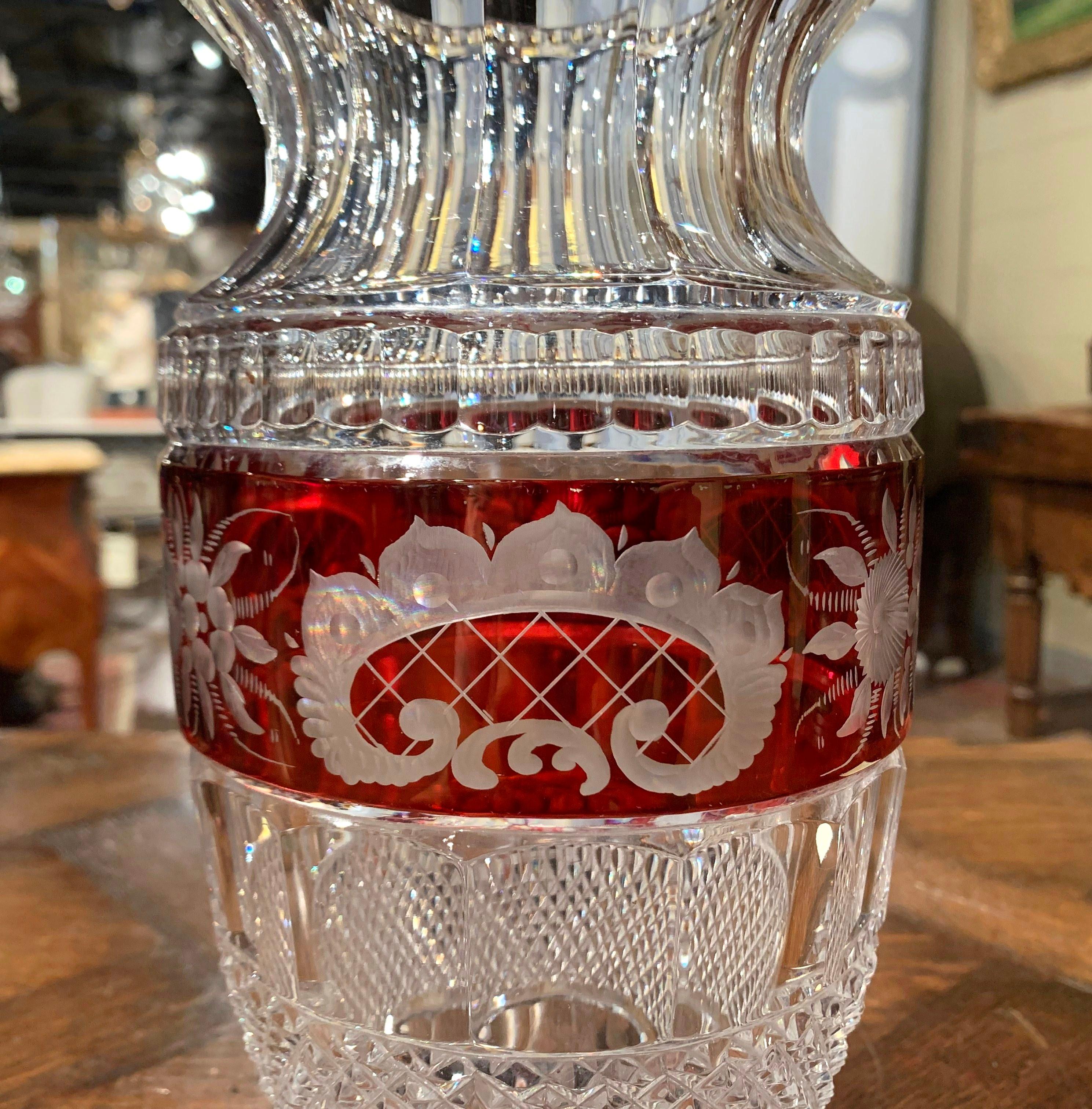 Etched Midcentury French Cut-Glass Vase with Red Floral Motifs Saint Louis Style