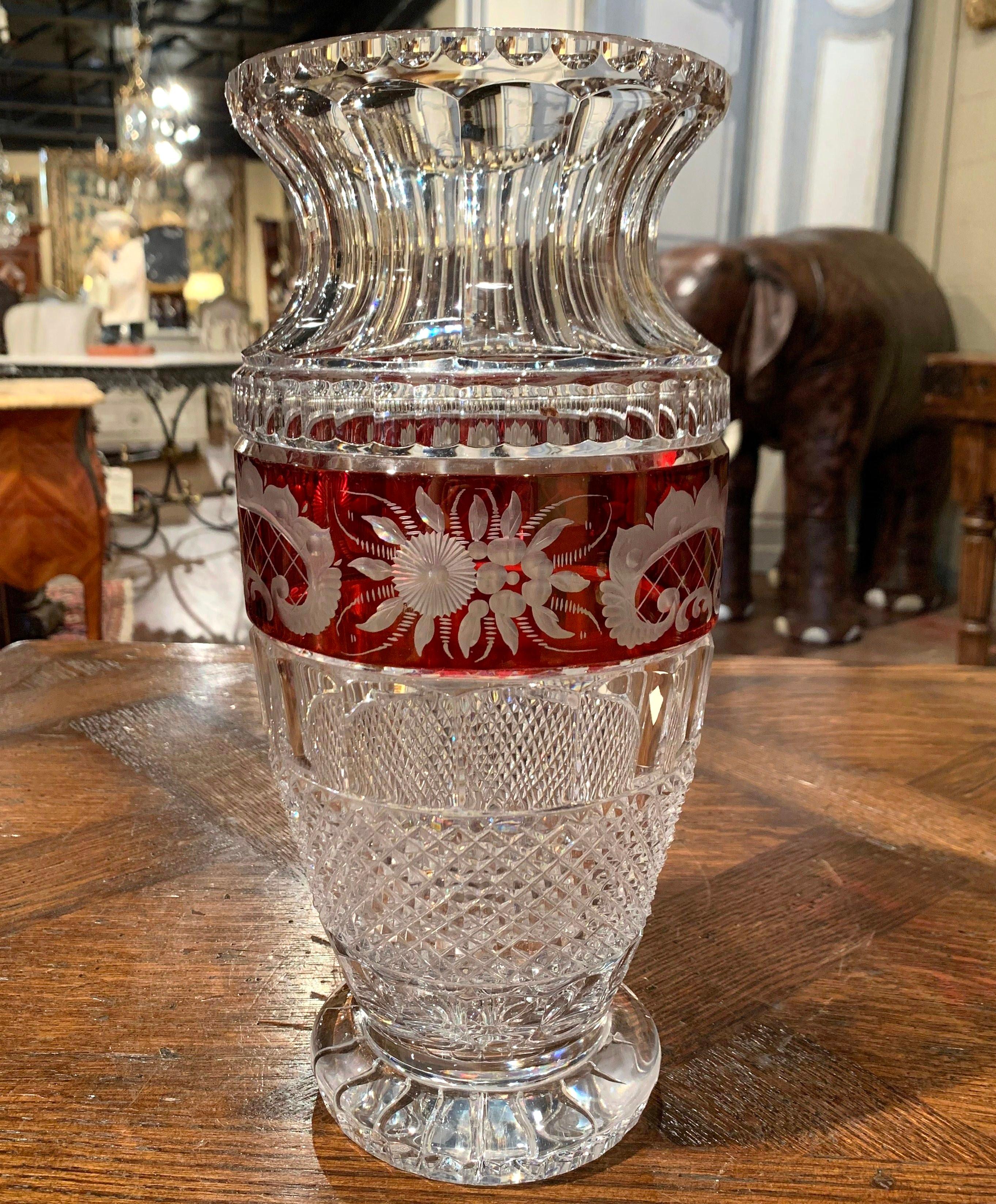 Midcentury French Cut-Glass Vase with Red Floral Motifs Saint Louis Style In Excellent Condition In Dallas, TX