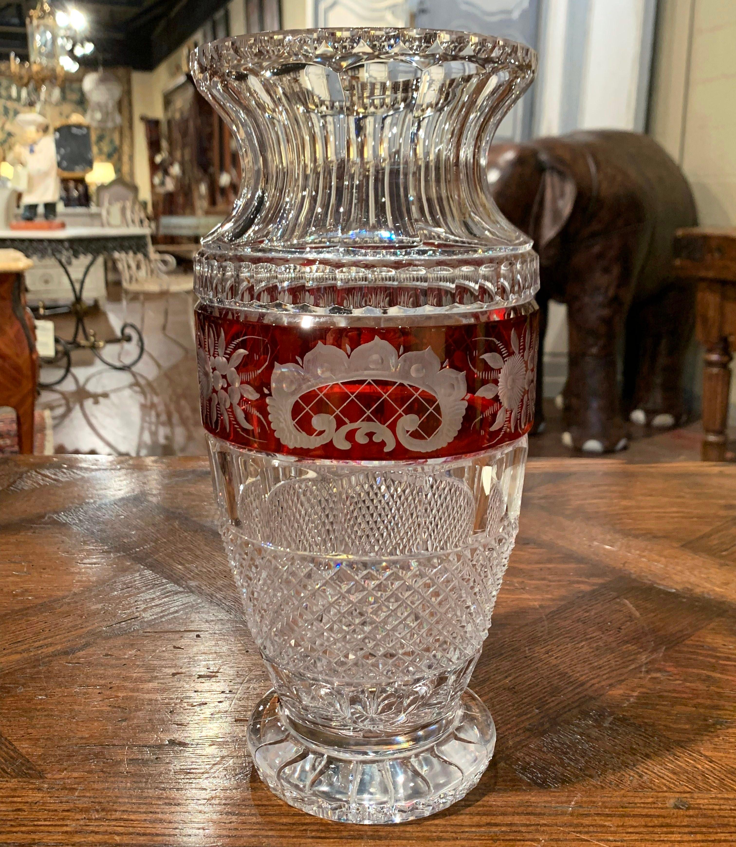 20th Century Midcentury French Cut-Glass Vase with Red Floral Motifs Saint Louis Style