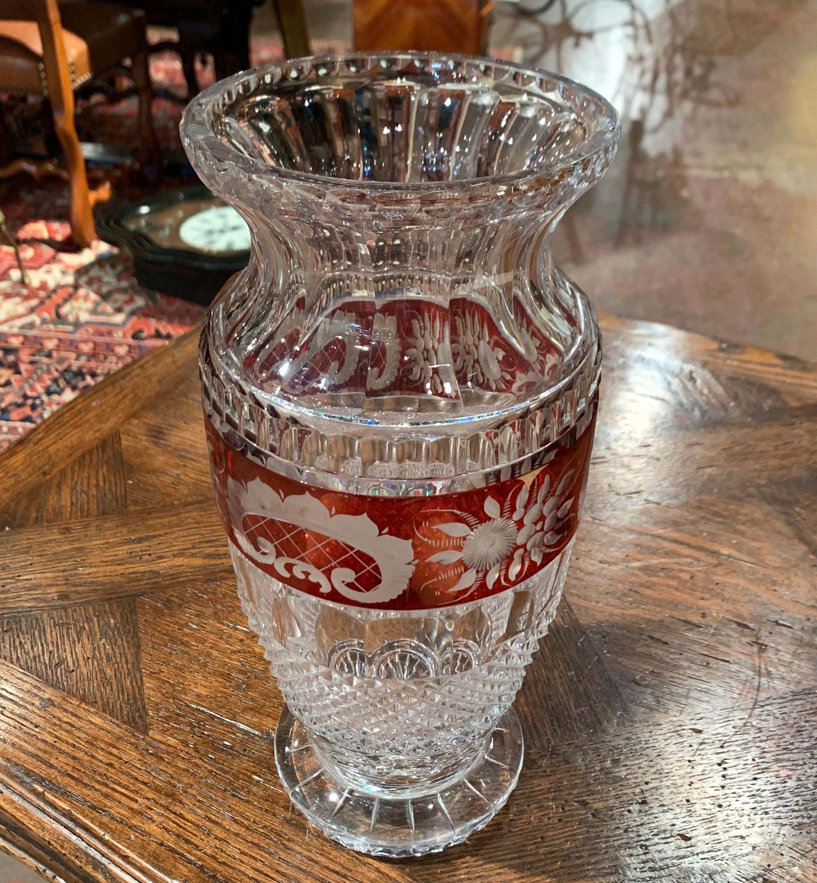 Cut Glass Midcentury French Cut-Glass Vase with Red Floral Motifs Saint Louis Style