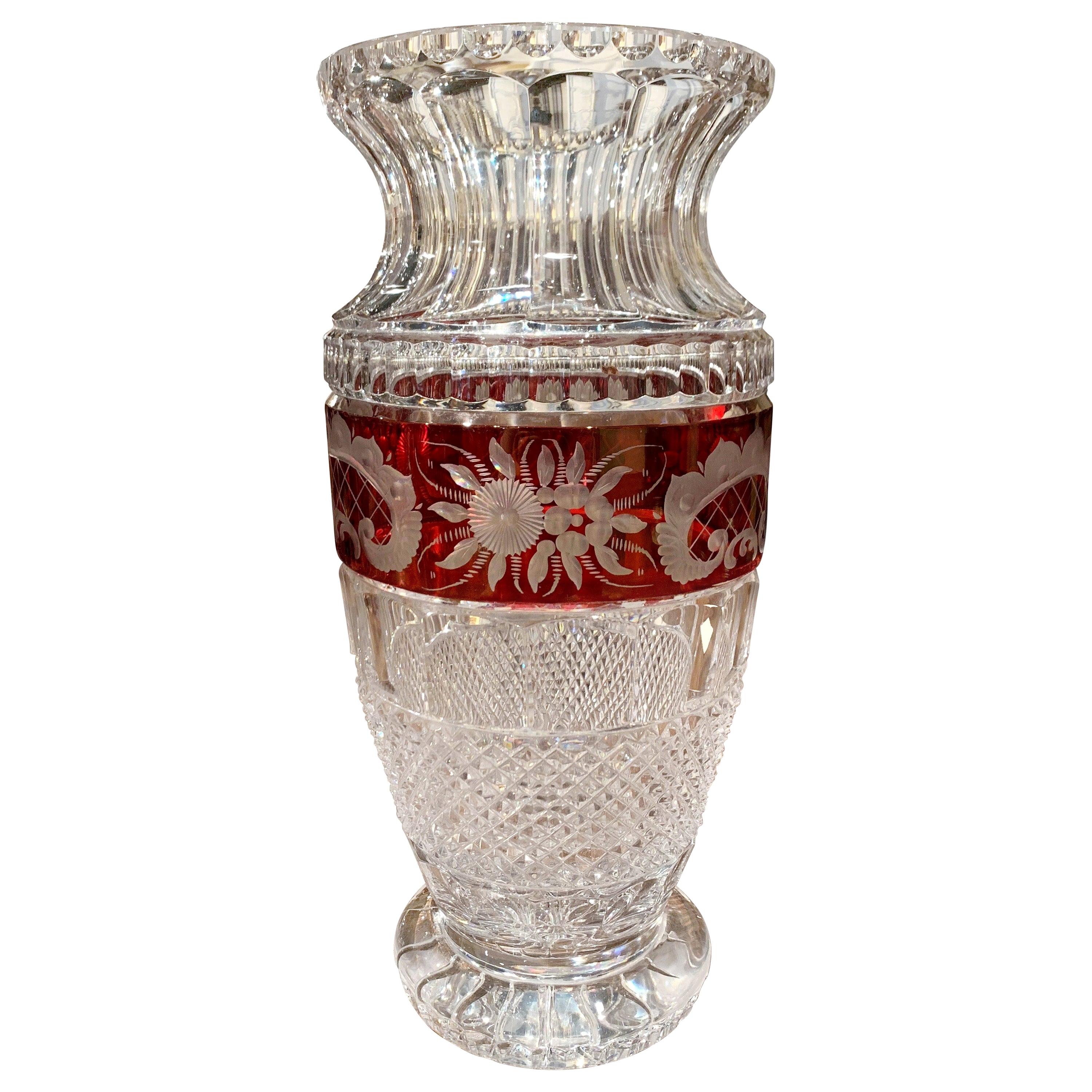 Midcentury French Cut-Glass Vase with Red Floral Motifs Saint Louis Style