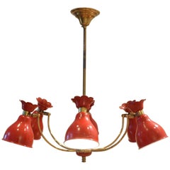 Midcentury French Design Red Metal Diffusers Chandelier Pendant Lamp
