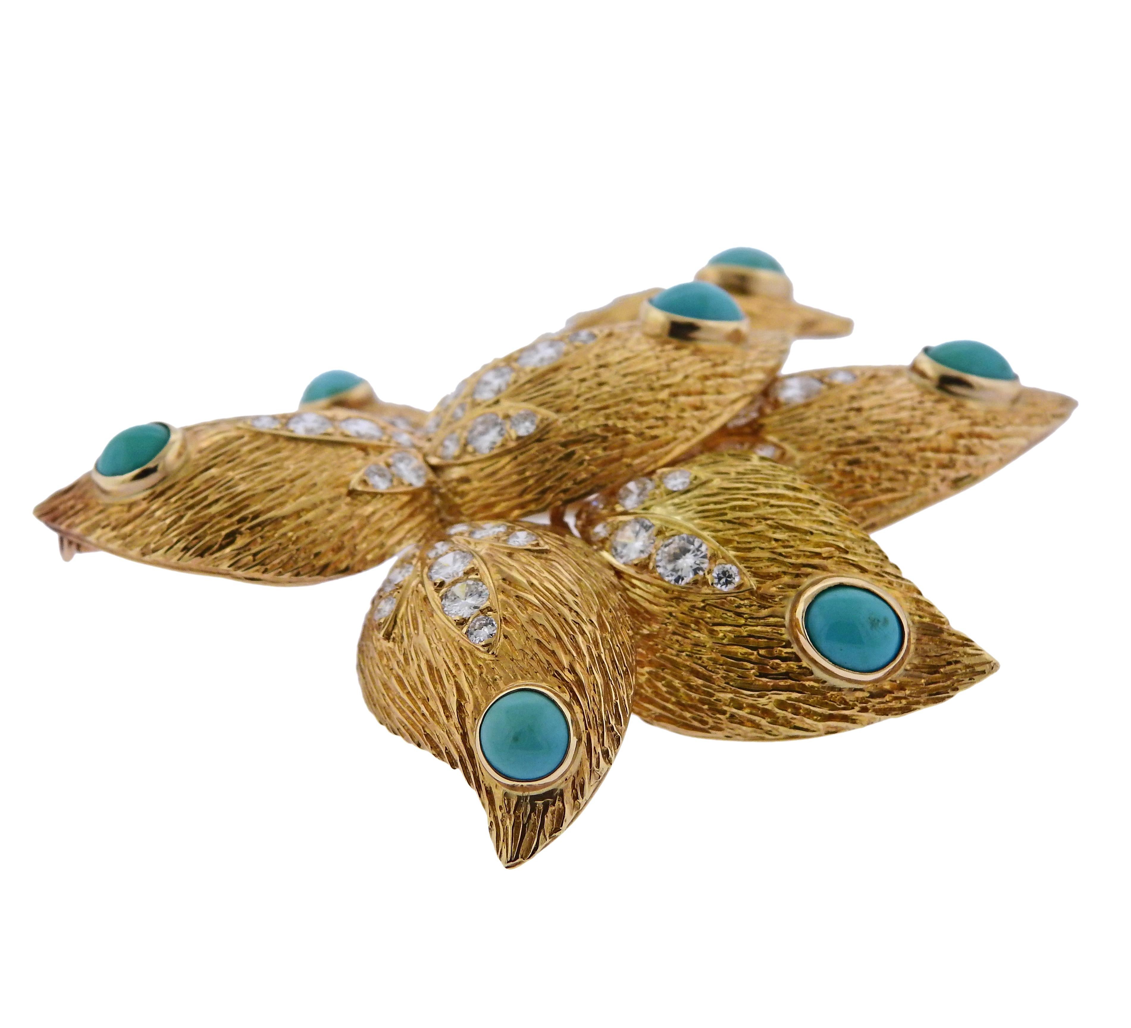 18k gold French brooch featuring diamond and turquoise. Brooch measures 60mmX 66mm and weighs 35.5 grams. Features approximately 2.20ctw of G/VS diamonds. Marked Made in France Depose ssm. 