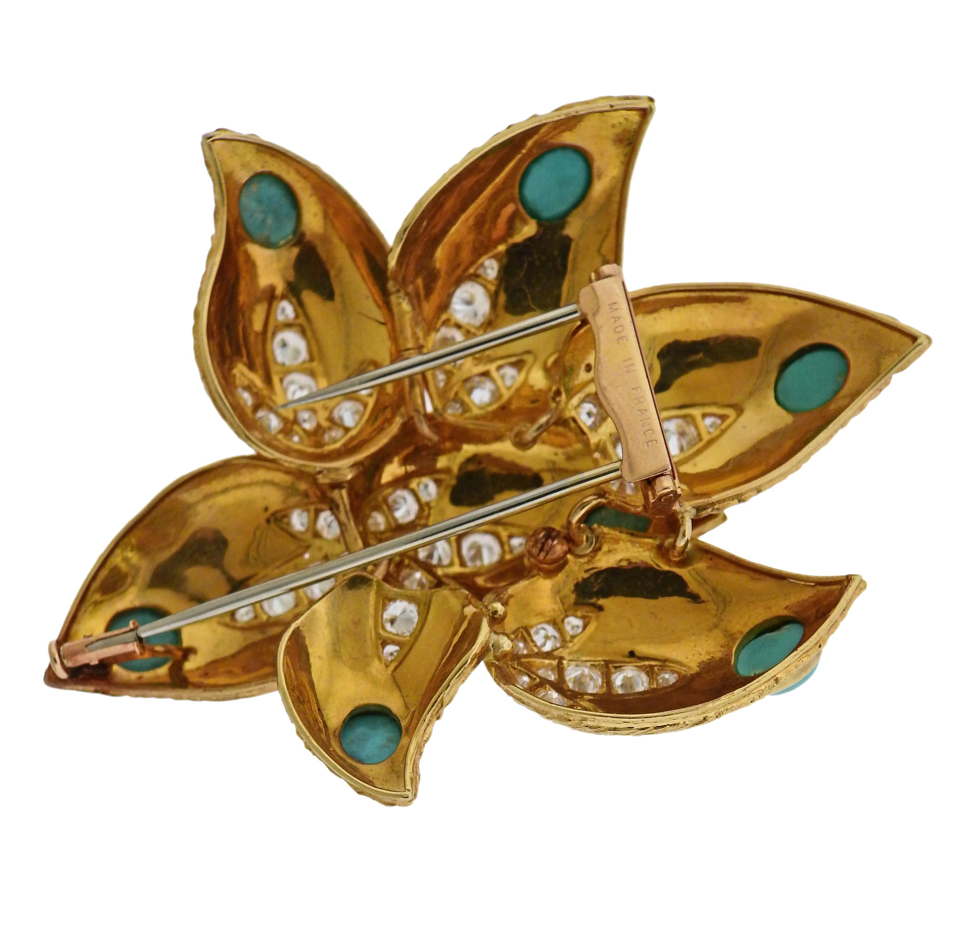 Midcentury French Diamond Turquoise Gold Brooch Pin In Excellent Condition In Lambertville, NJ