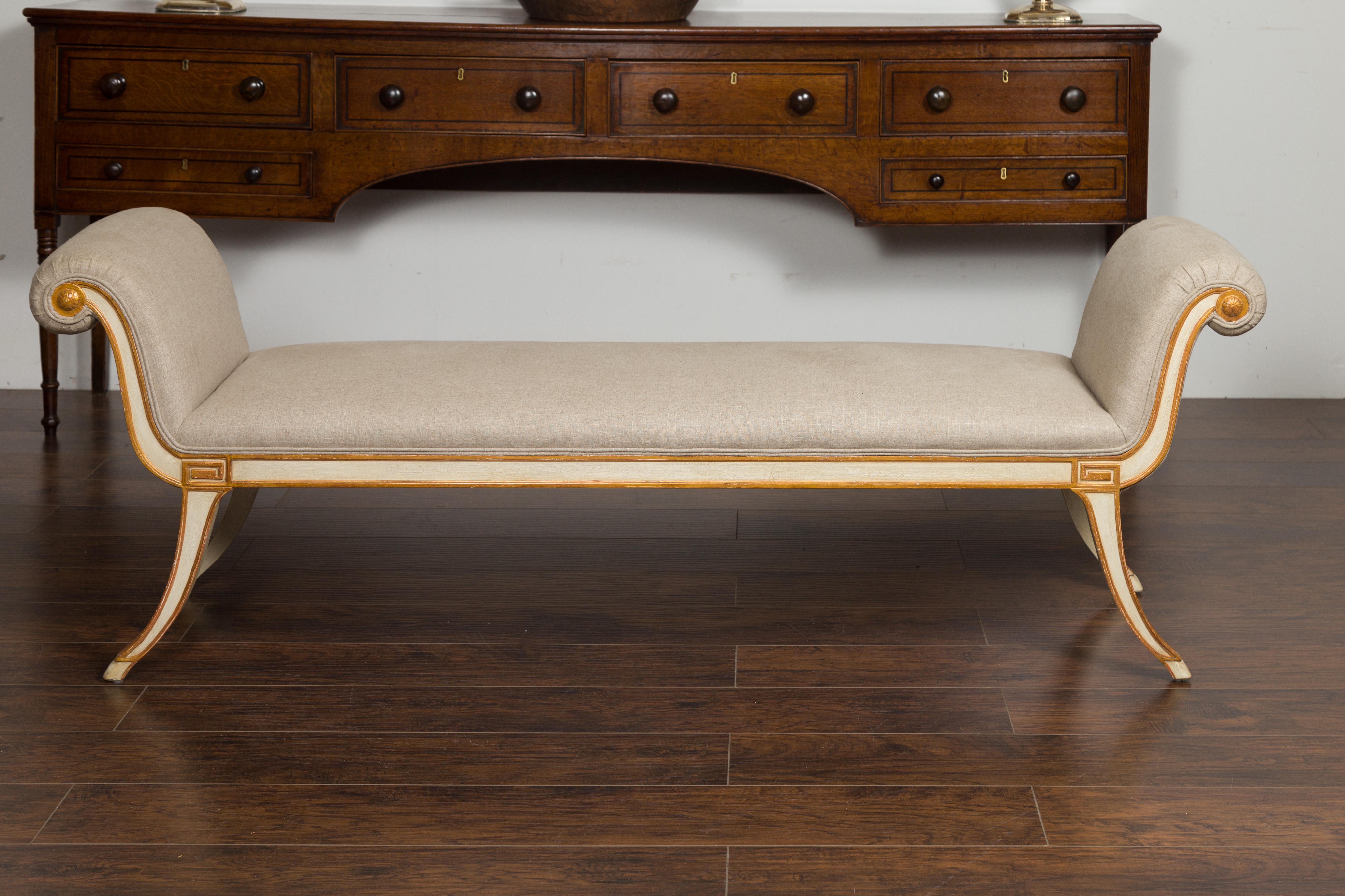 Midcentury French Empire Style Painted and Gilded Bench with New Upholstery 4