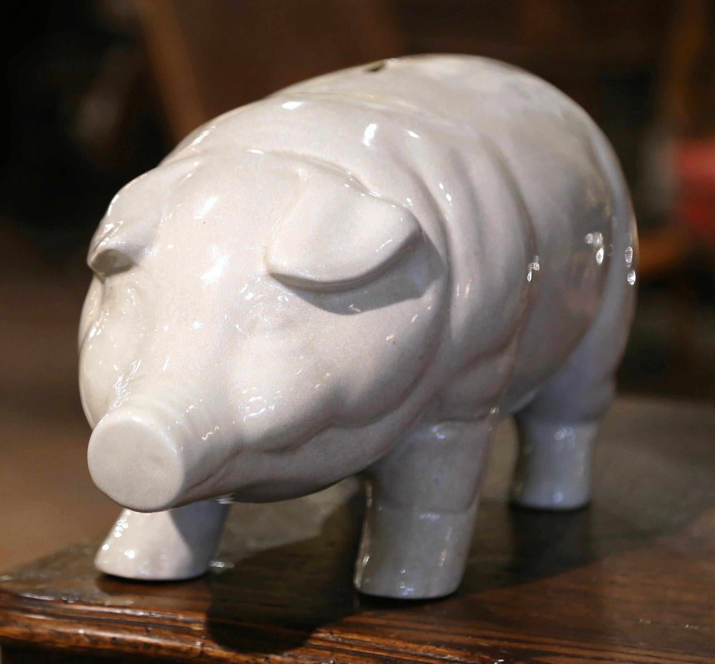 Hand-Crafted Midcentury French Faience Piggy Bank Sculpture from Normandy