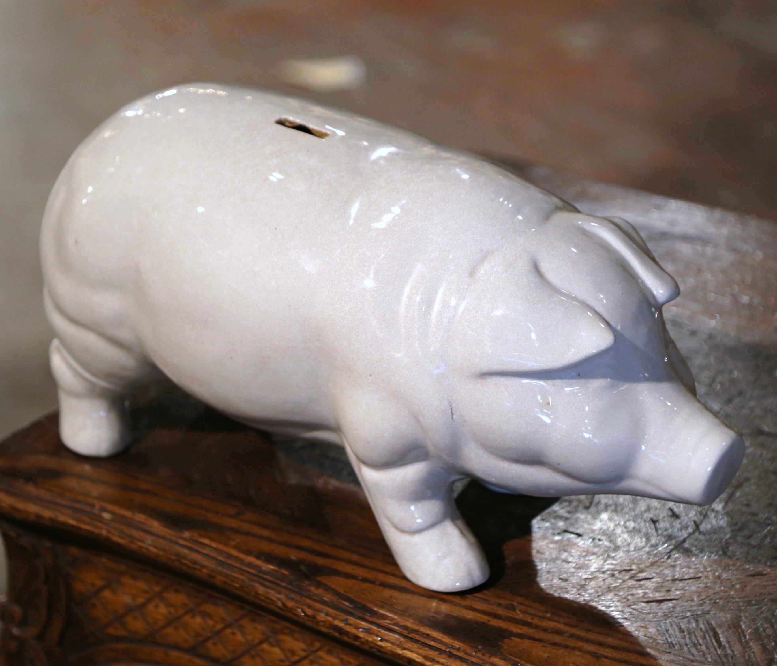 Midcentury French Faience Piggy Bank Sculpture from Normandy In Excellent Condition In Dallas, TX