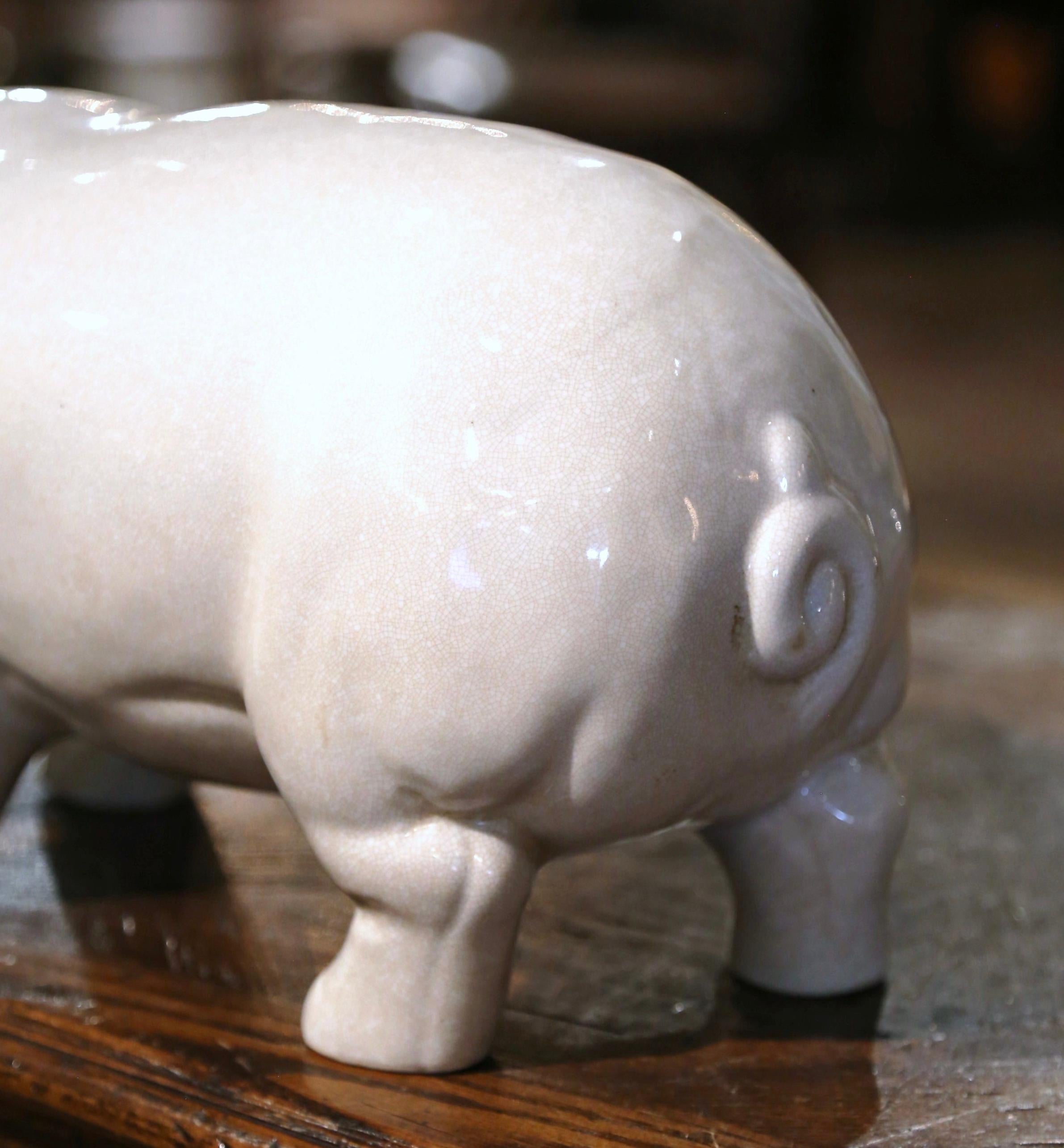 Ceramic Midcentury French Faience Piggy Bank Sculpture from Normandy