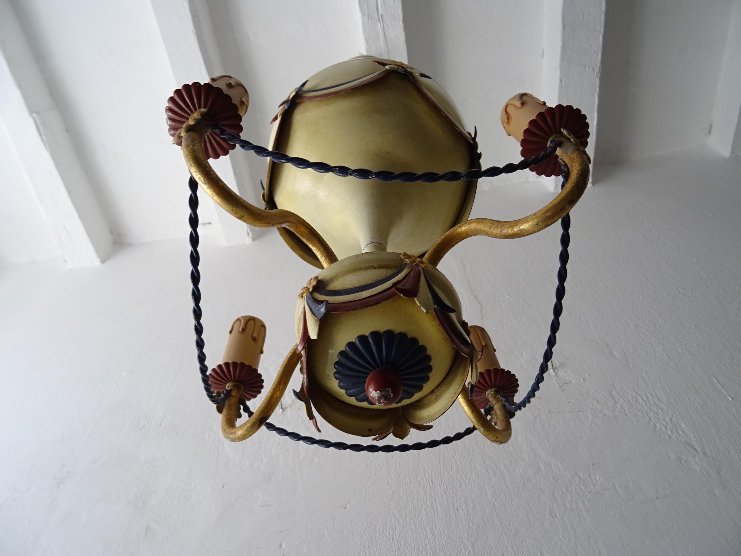 Mid-20th Century Midcentury French Flag Tole Hot Air Balloon Chandelier circa 1950