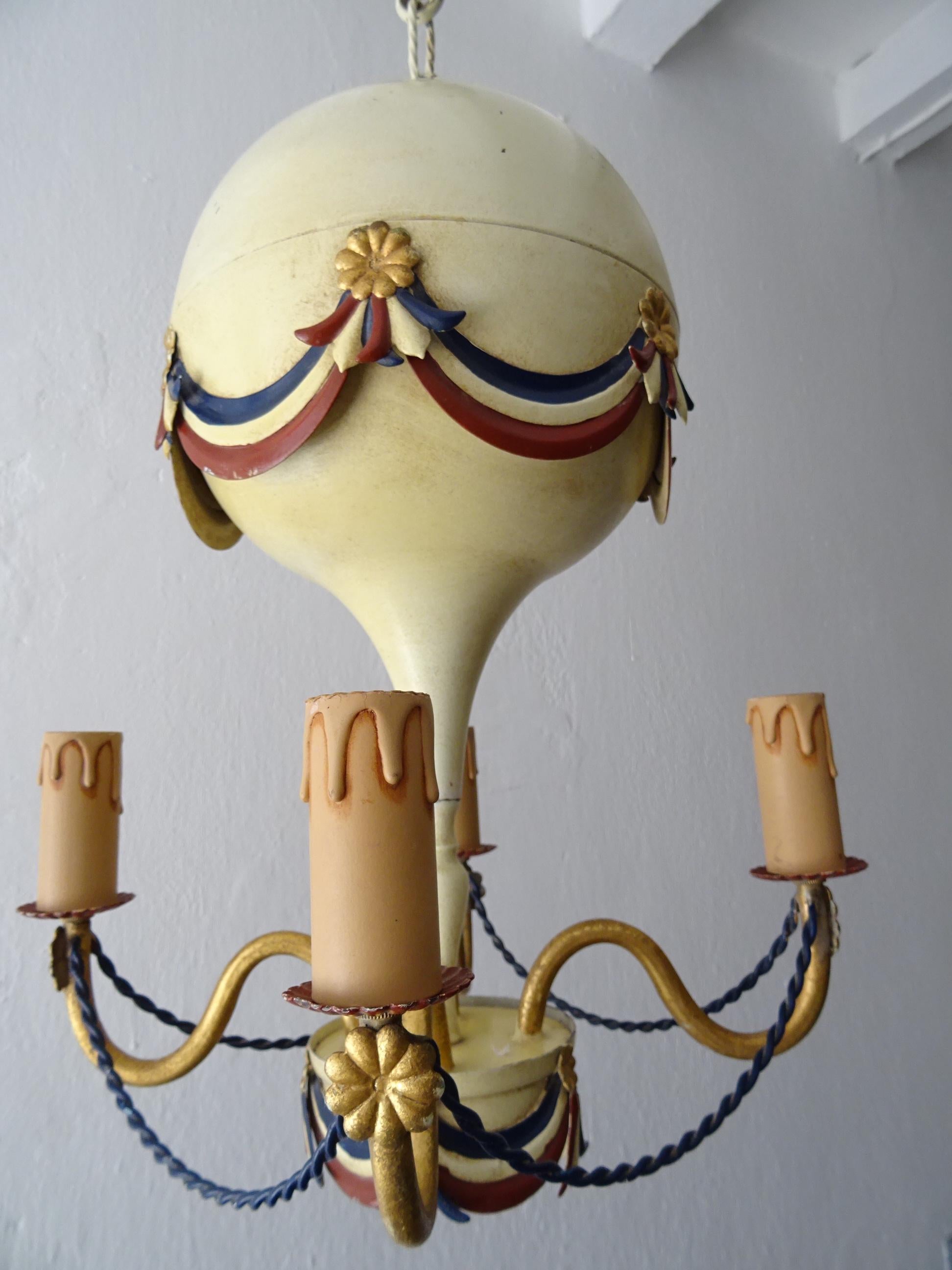 Midcentury French Flag Tole Hot Air Balloon Chandelier circa 1950 2
