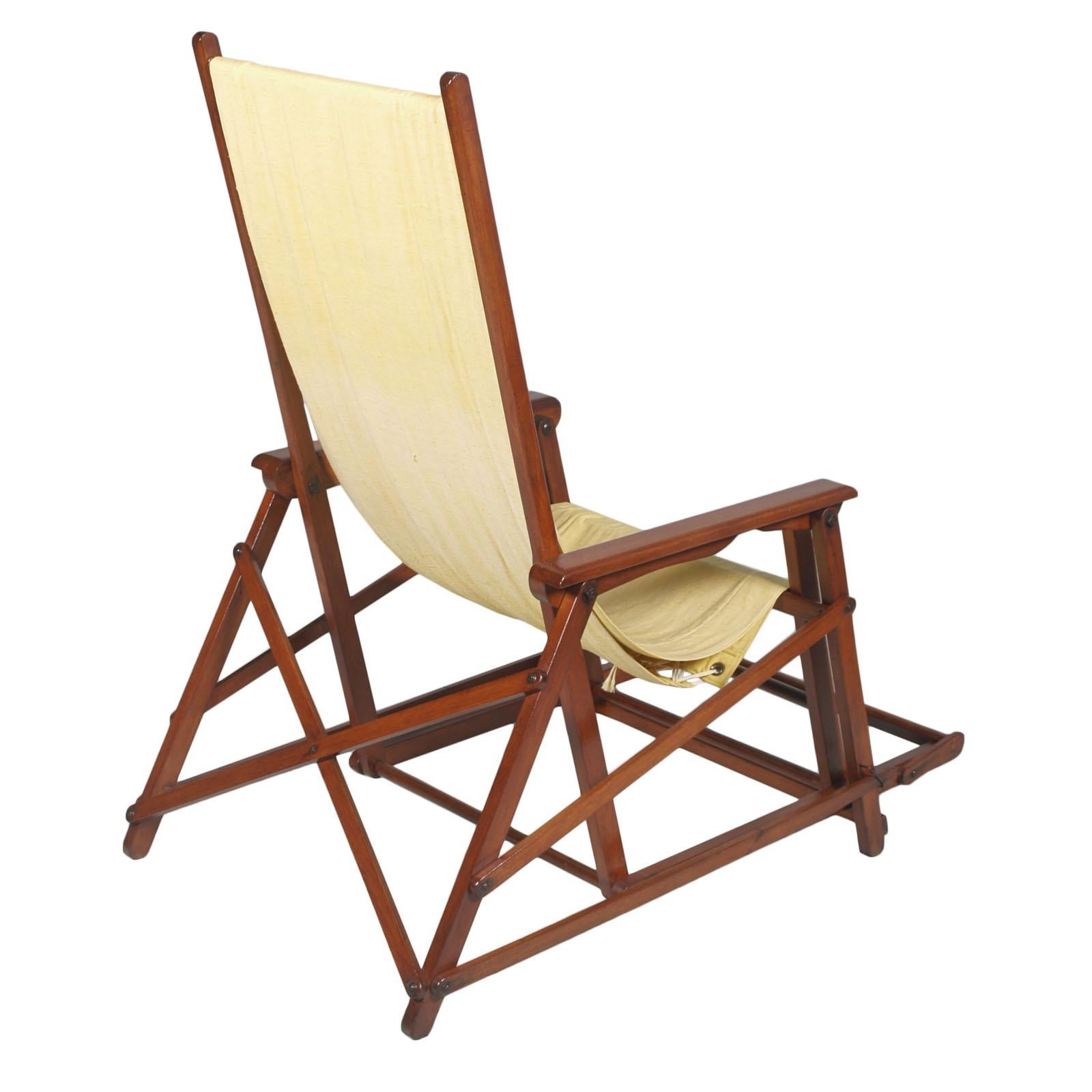 Polished Midcentury French Folding Canvas Long Chair, Clairitex Chaise Long de Paquebot