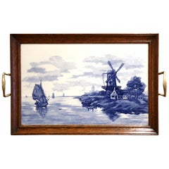 Midcentury French Framed Blue and White Painted Delft Tray