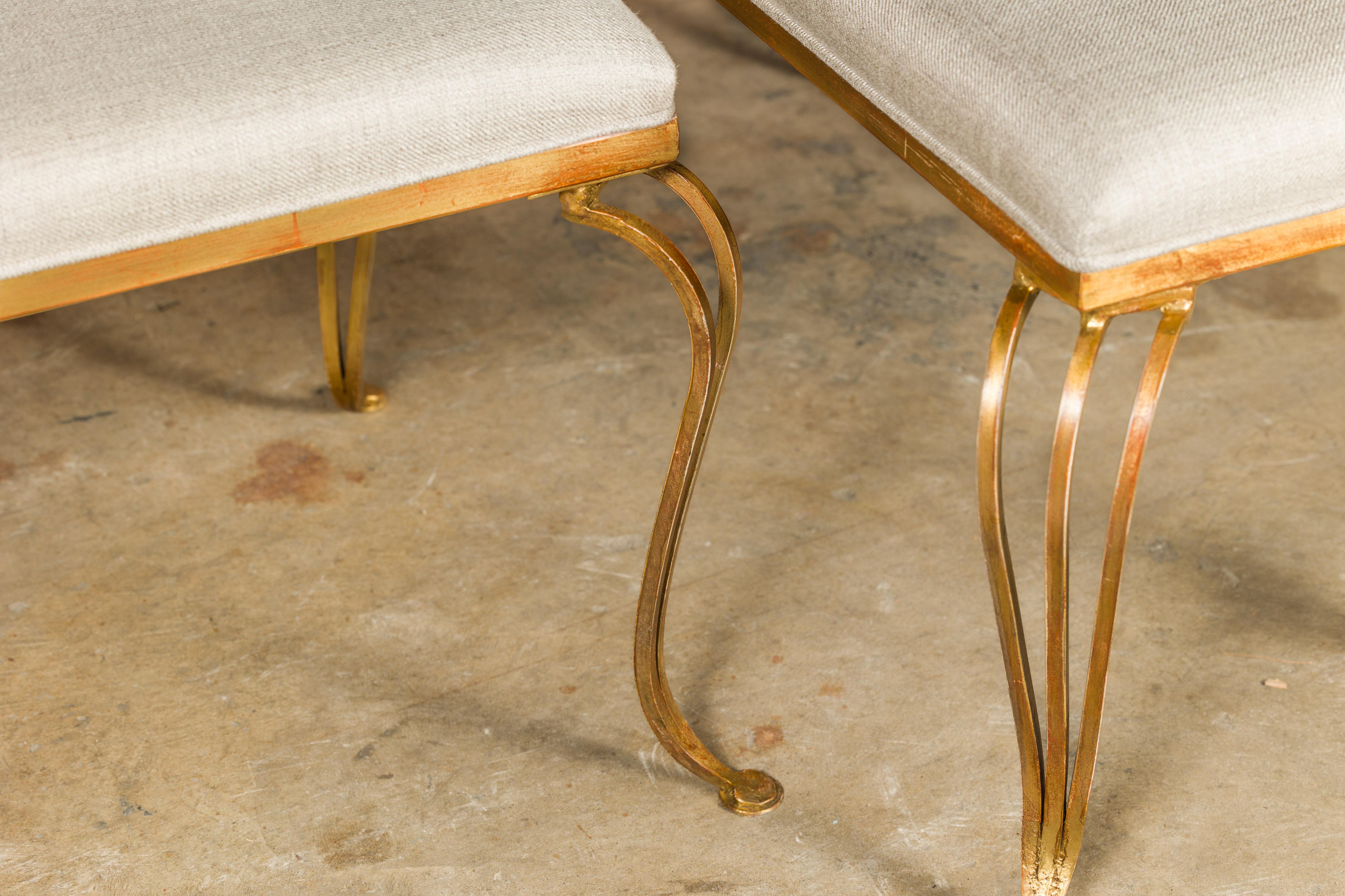 Midcentury French Gilt Metal Benches with Cabriole Legs and Upholstery, a Pair For Sale 5