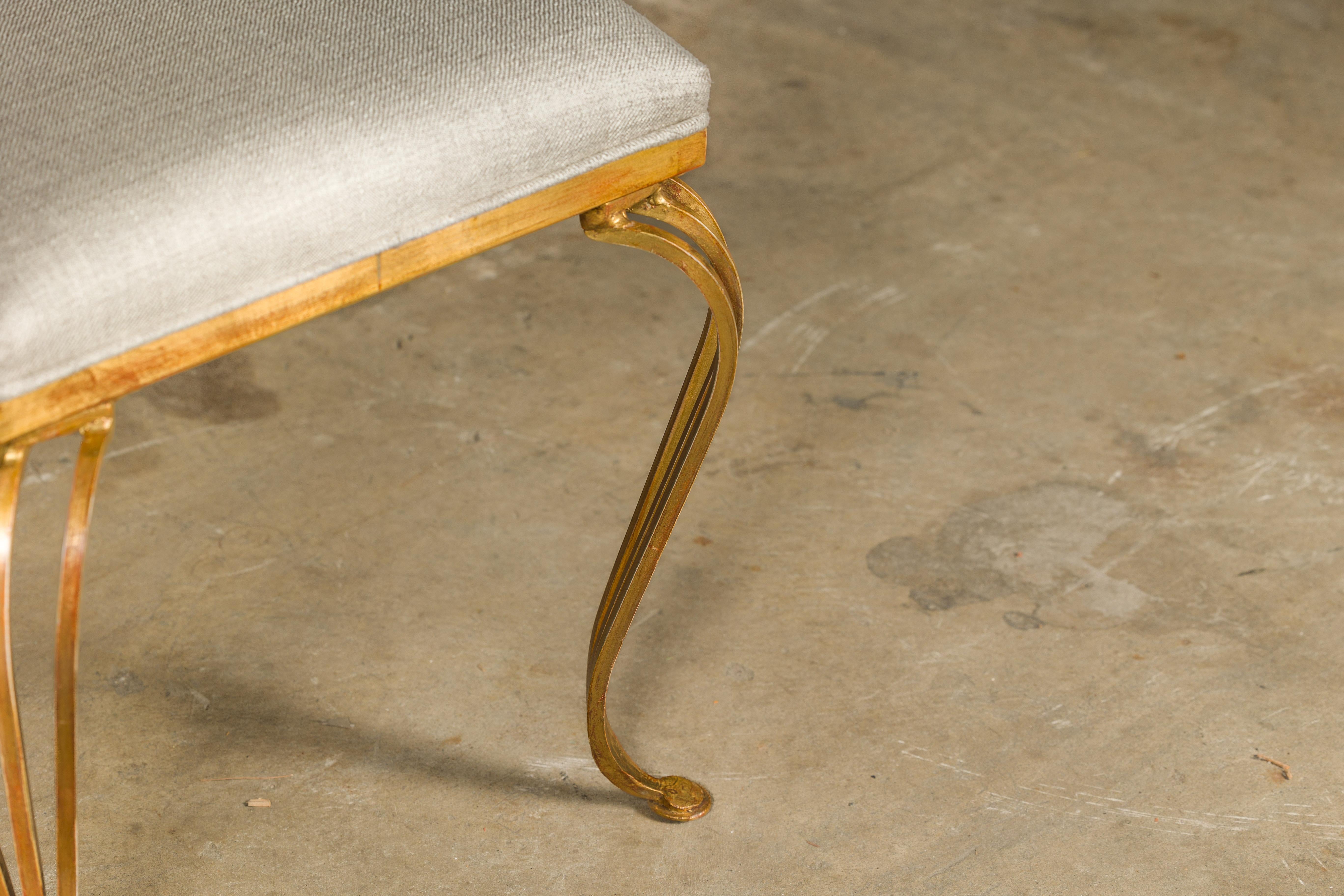 Midcentury French Gilt Metal Benches with Cabriole Legs and Upholstery, a Pair For Sale 6