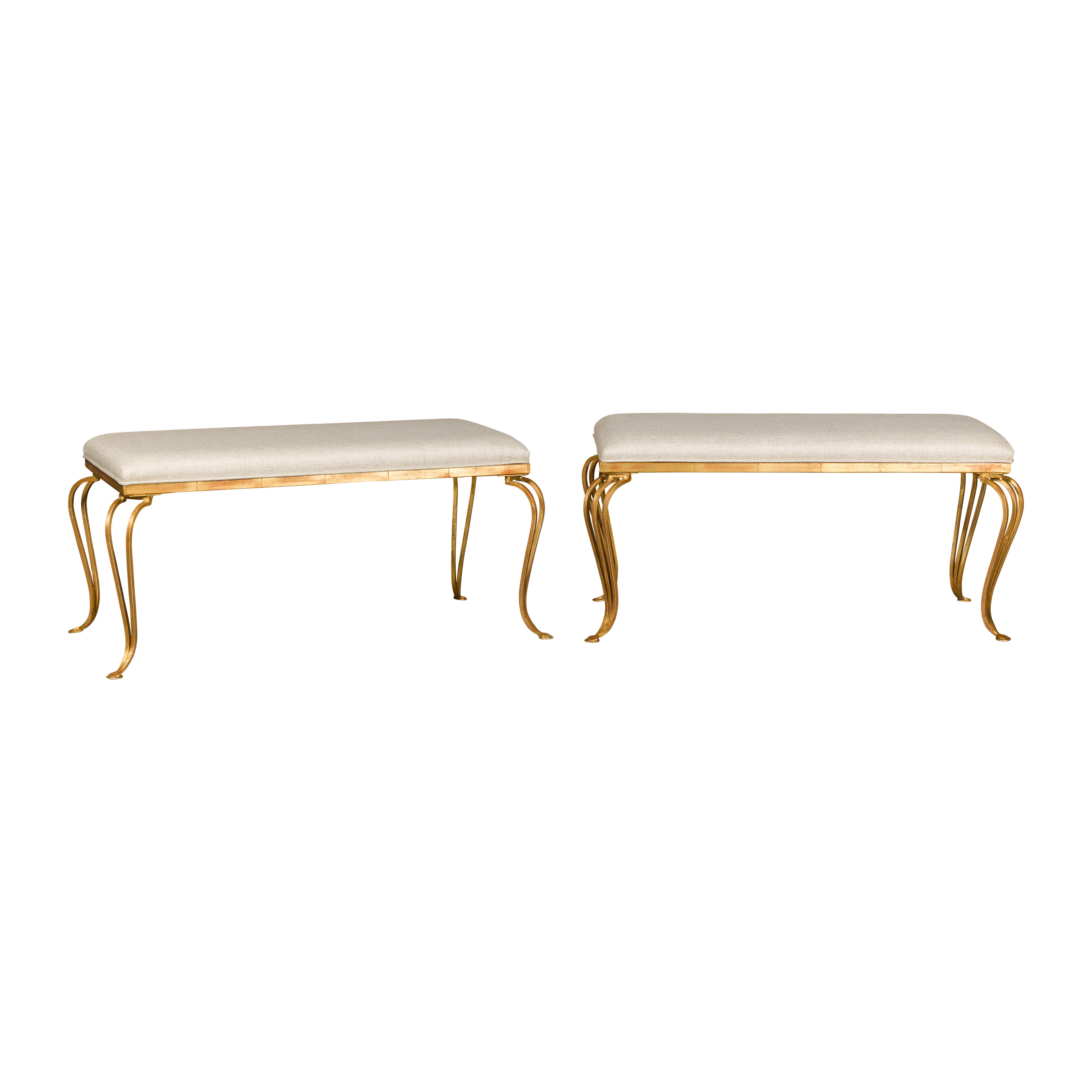 Midcentury French Gilt Metal Benches with Cabriole Legs and Upholstery, a Pair For Sale 10