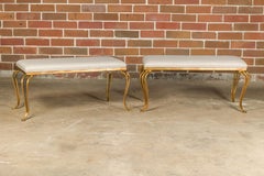 Midcentury French Gilt Metal Benches with Cabriole Legs and Upholstery, a Pair