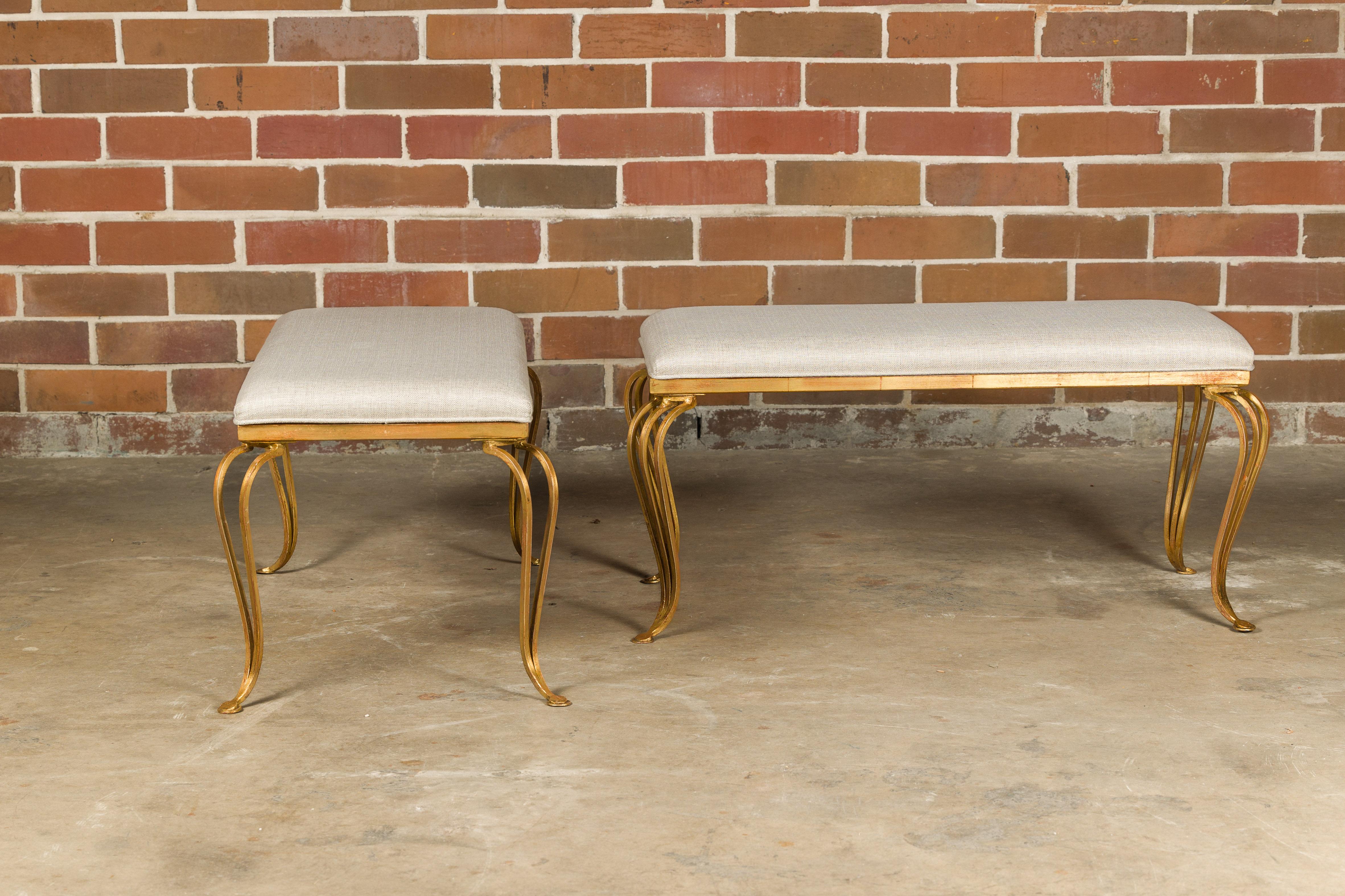 Mid-Century Modern Midcentury French Gilt Metal Benches with Cabriole Legs and Upholstery, a Pair For Sale
