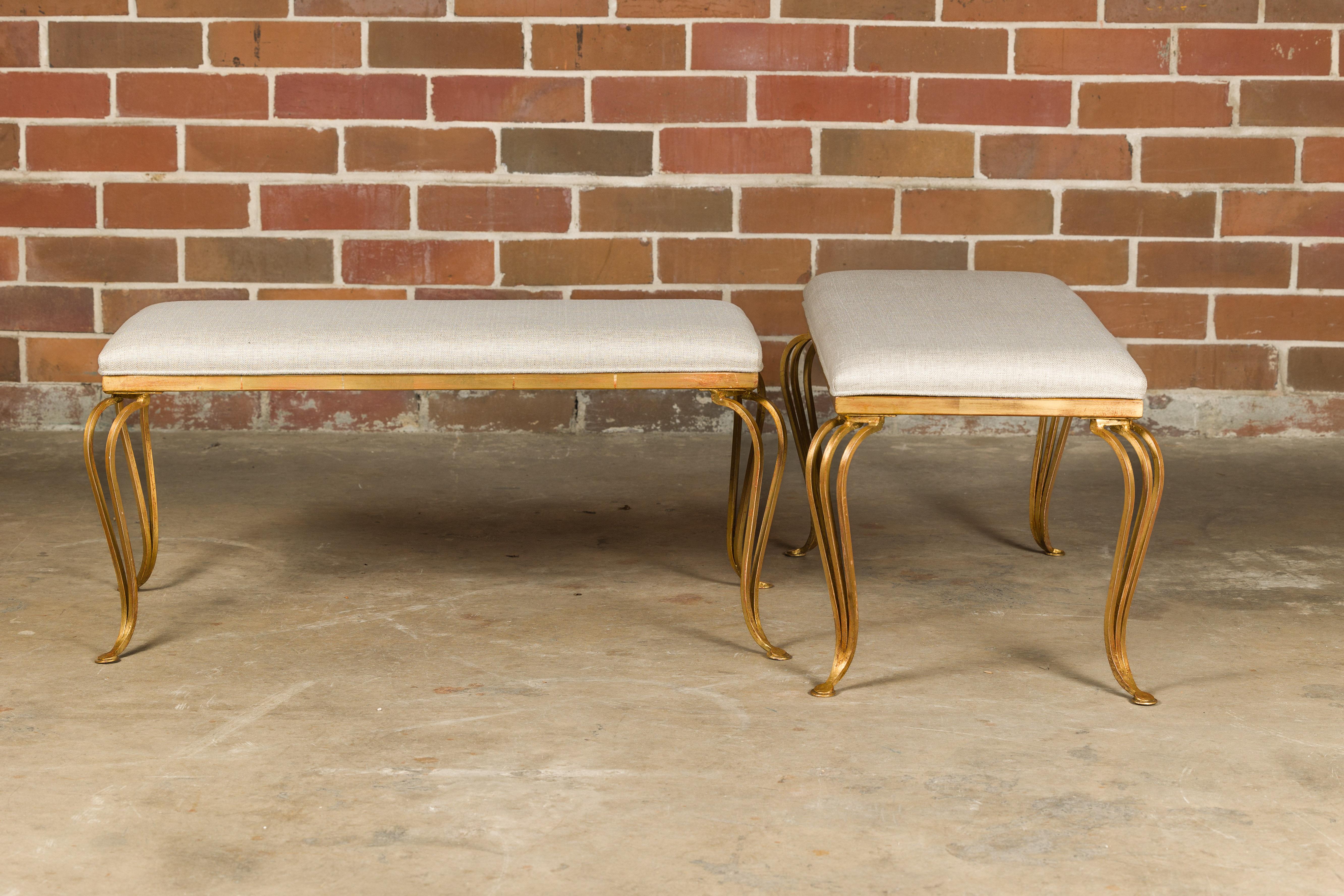 Midcentury French Gilt Metal Benches with Cabriole Legs and Upholstery, a Pair In Good Condition For Sale In Atlanta, GA