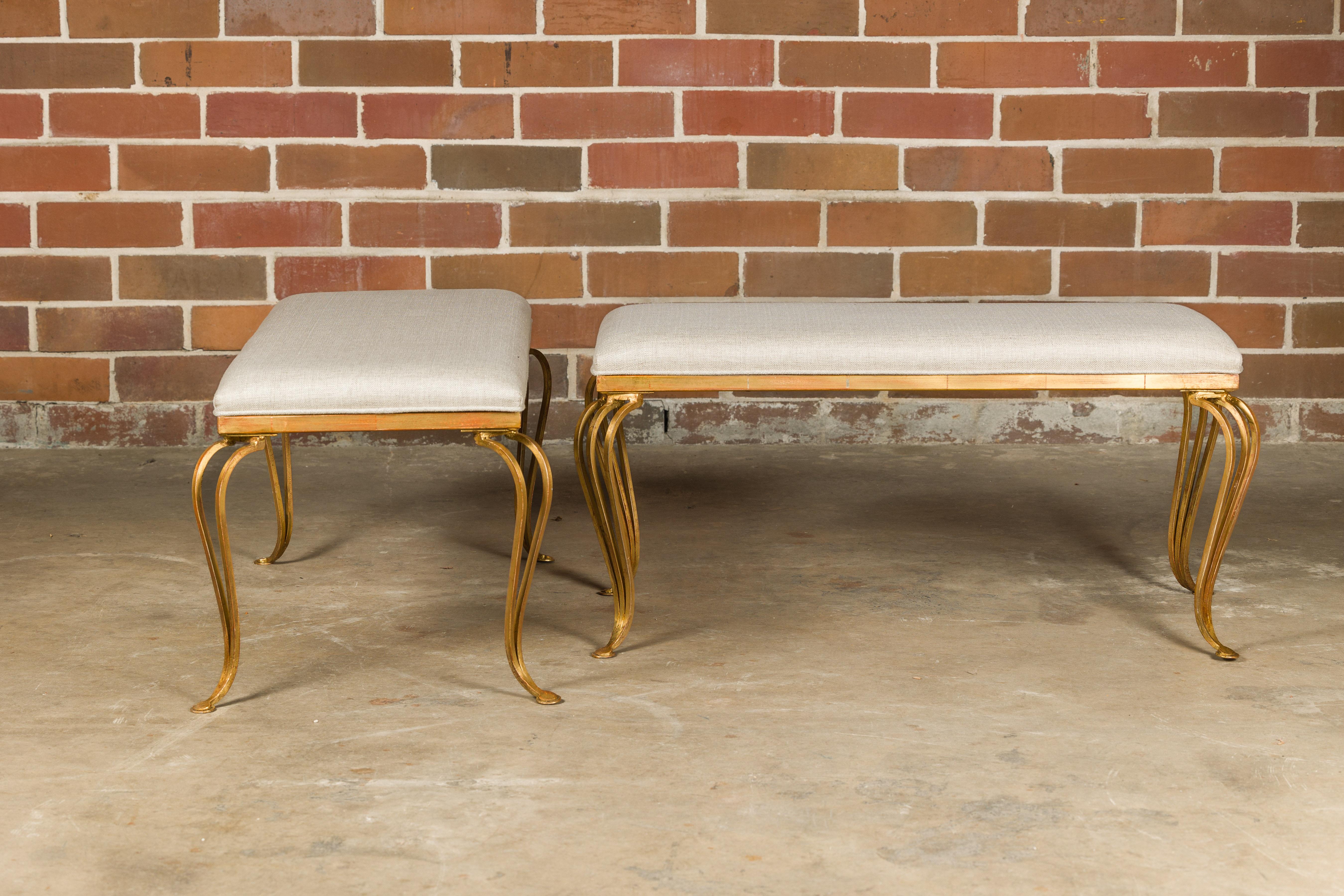 20th Century Midcentury French Gilt Metal Benches with Cabriole Legs and Upholstery, a Pair For Sale