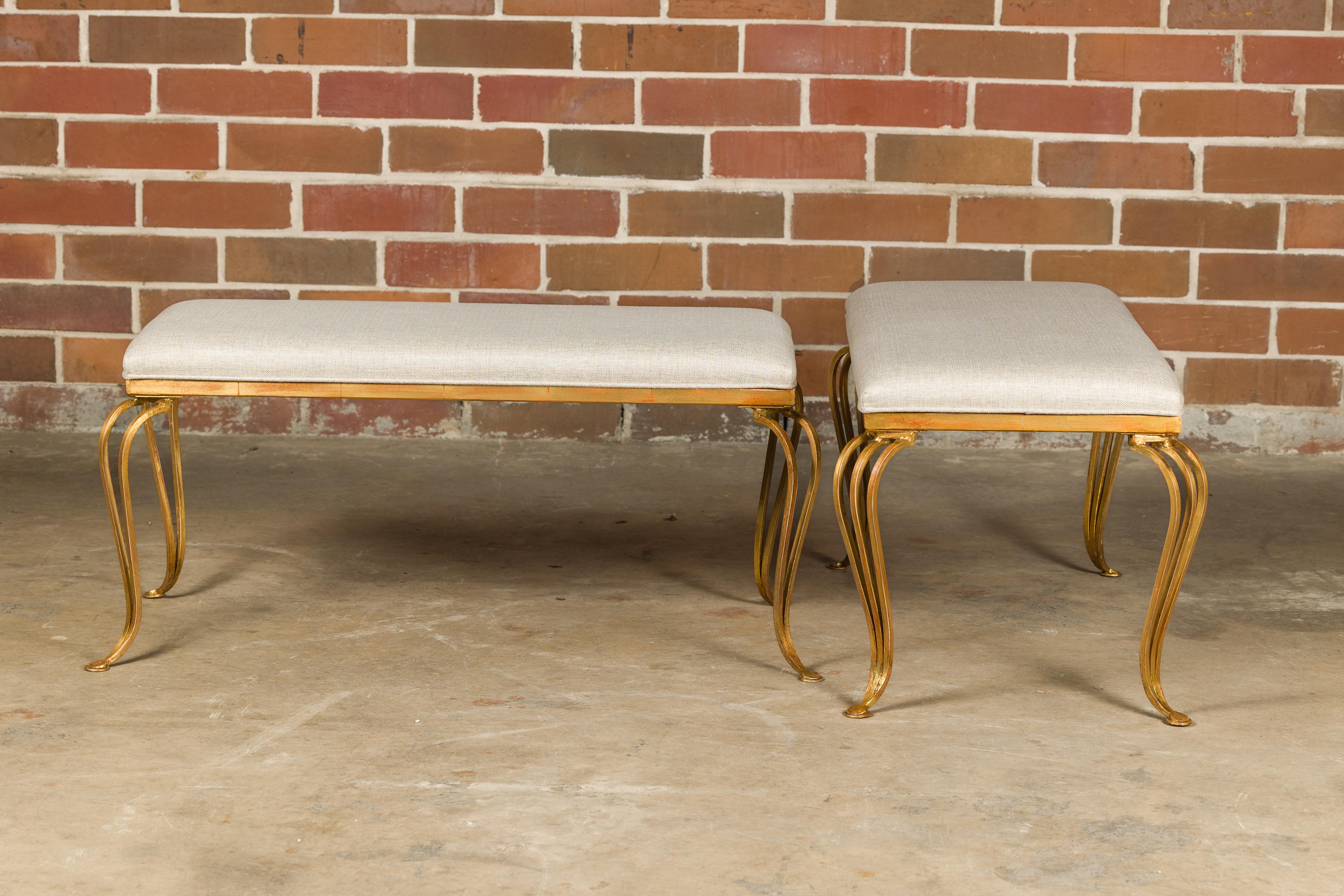 Midcentury French Gilt Metal Benches with Cabriole Legs and Upholstery, a Pair For Sale 1