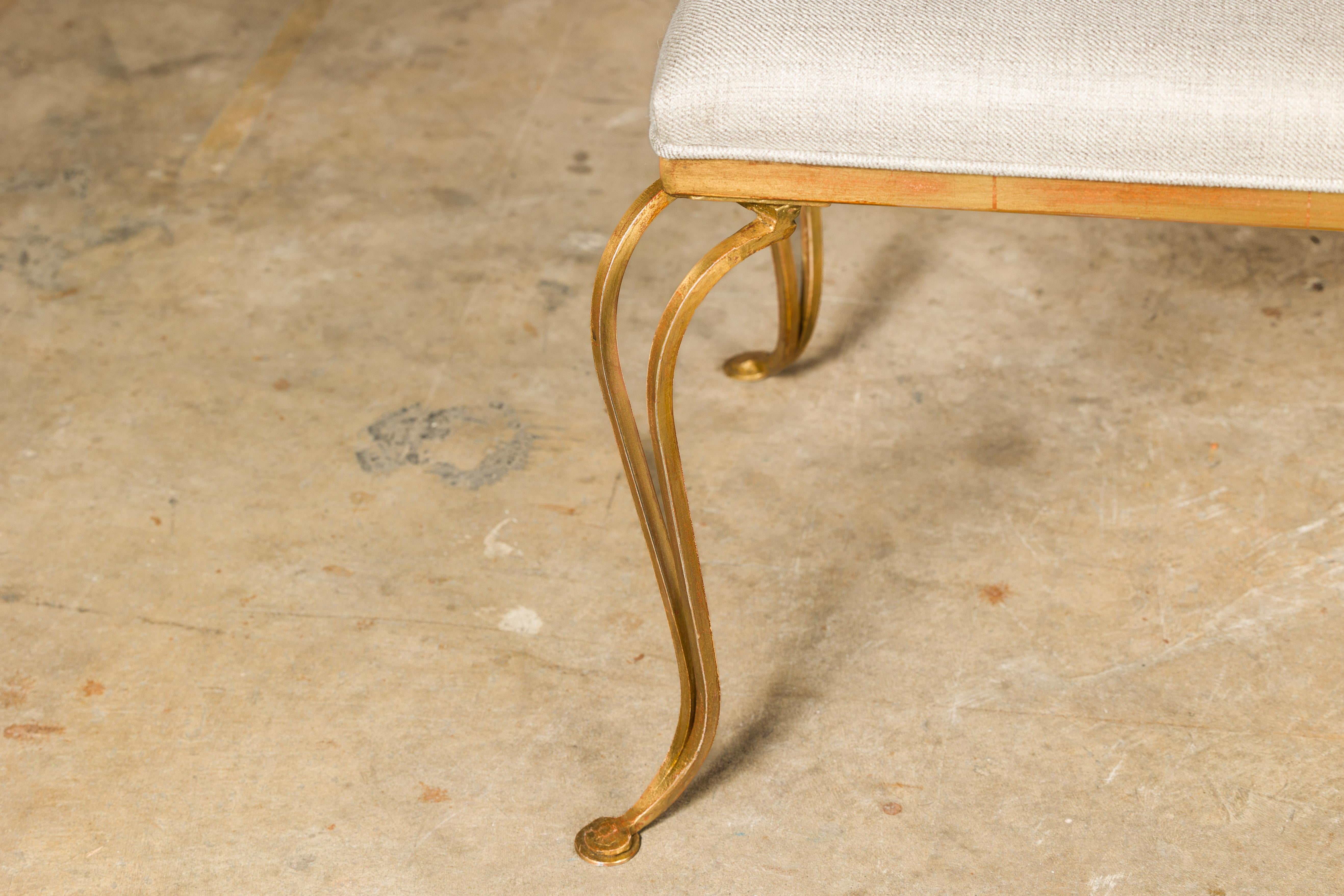 Midcentury French Gilt Metal Benches with Cabriole Legs and Upholstery, a Pair For Sale 4