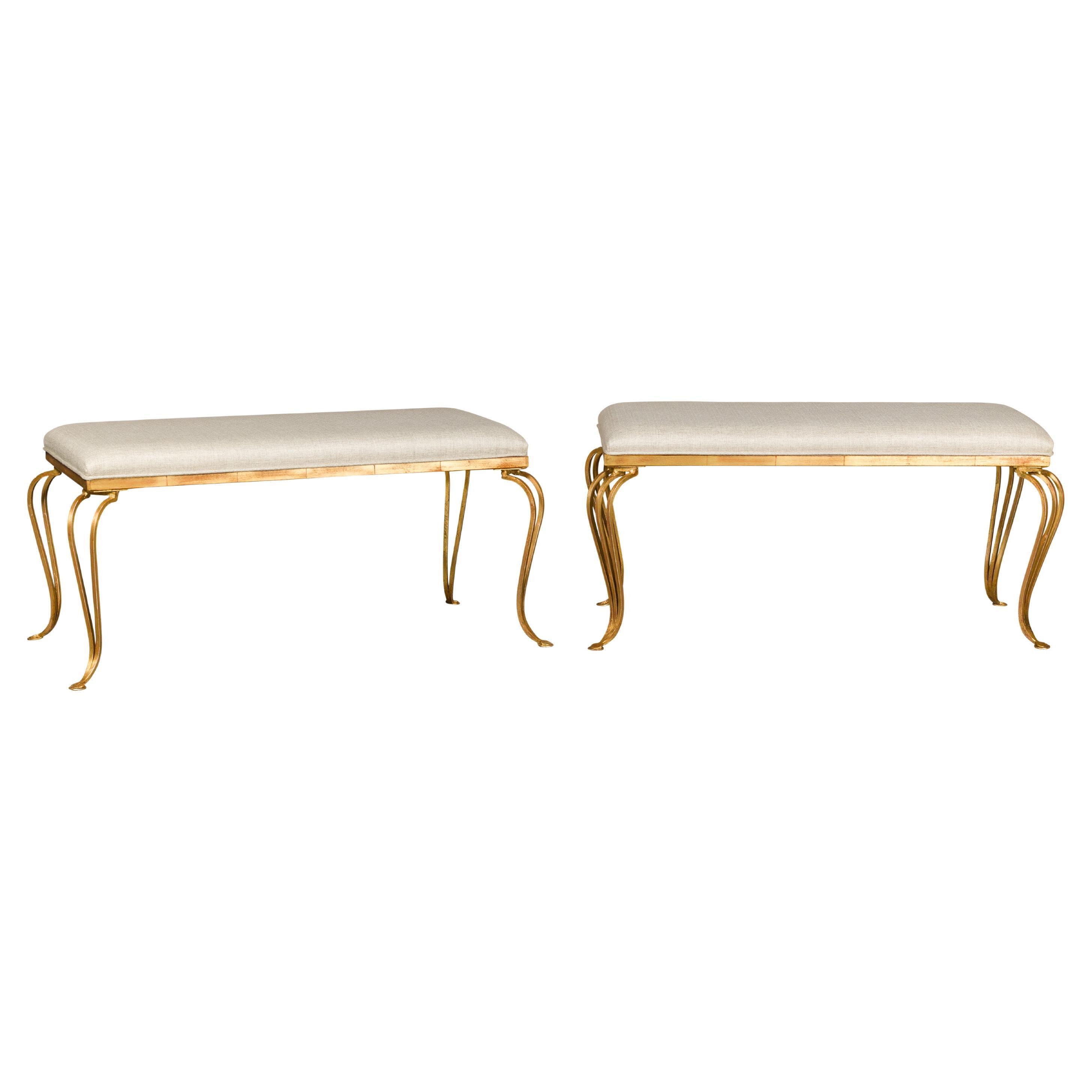 Midcentury French Gilt Metal Benches with Cabriole Legs and Upholstery, a Pair For Sale