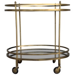 Midcentury French Gilt Metal Oval Bar Cart Trolley with Smokey Glass