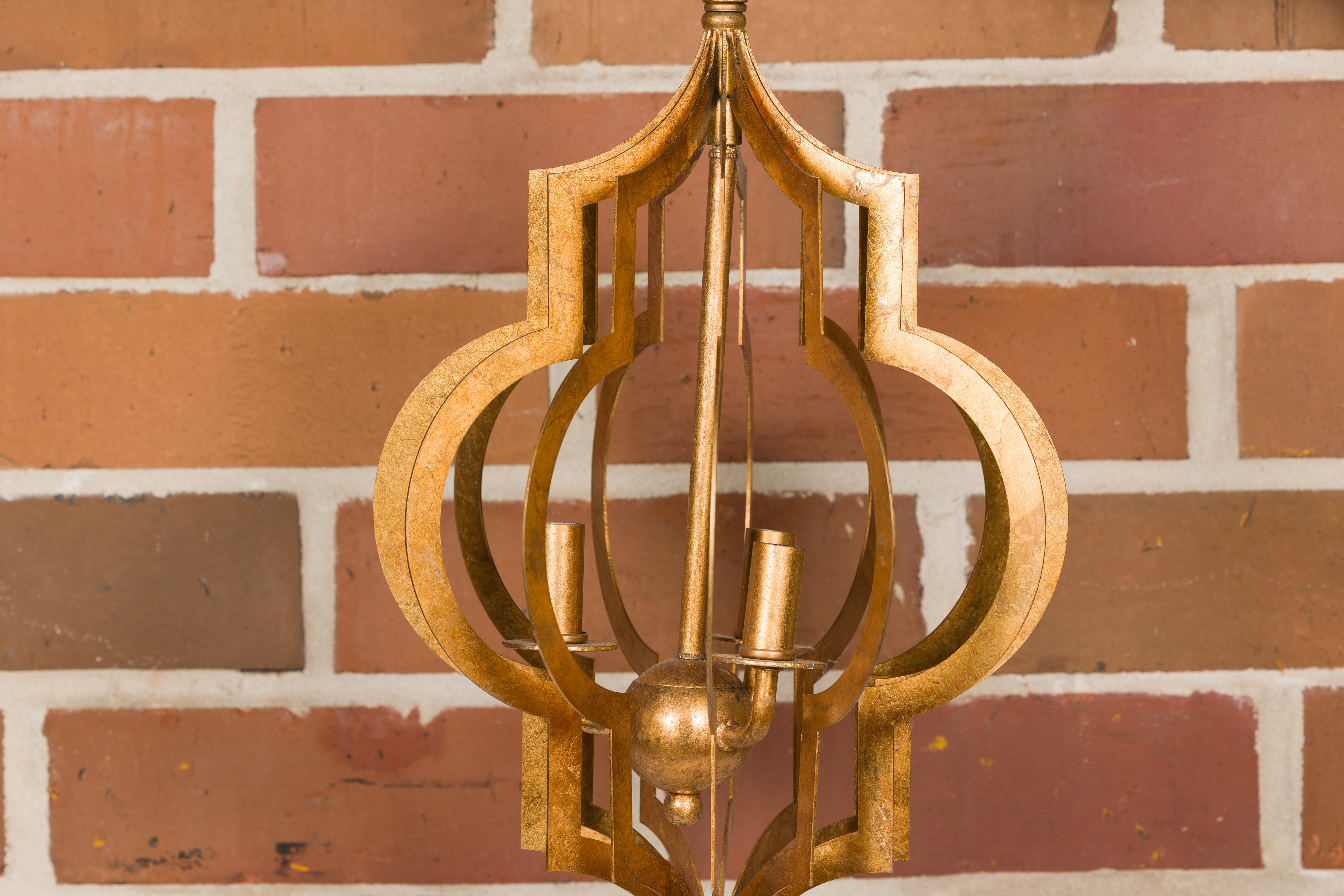 Midcentury French Gilt Metal Three-Light Lantern with Scrolling Effects, Wired For Sale 6