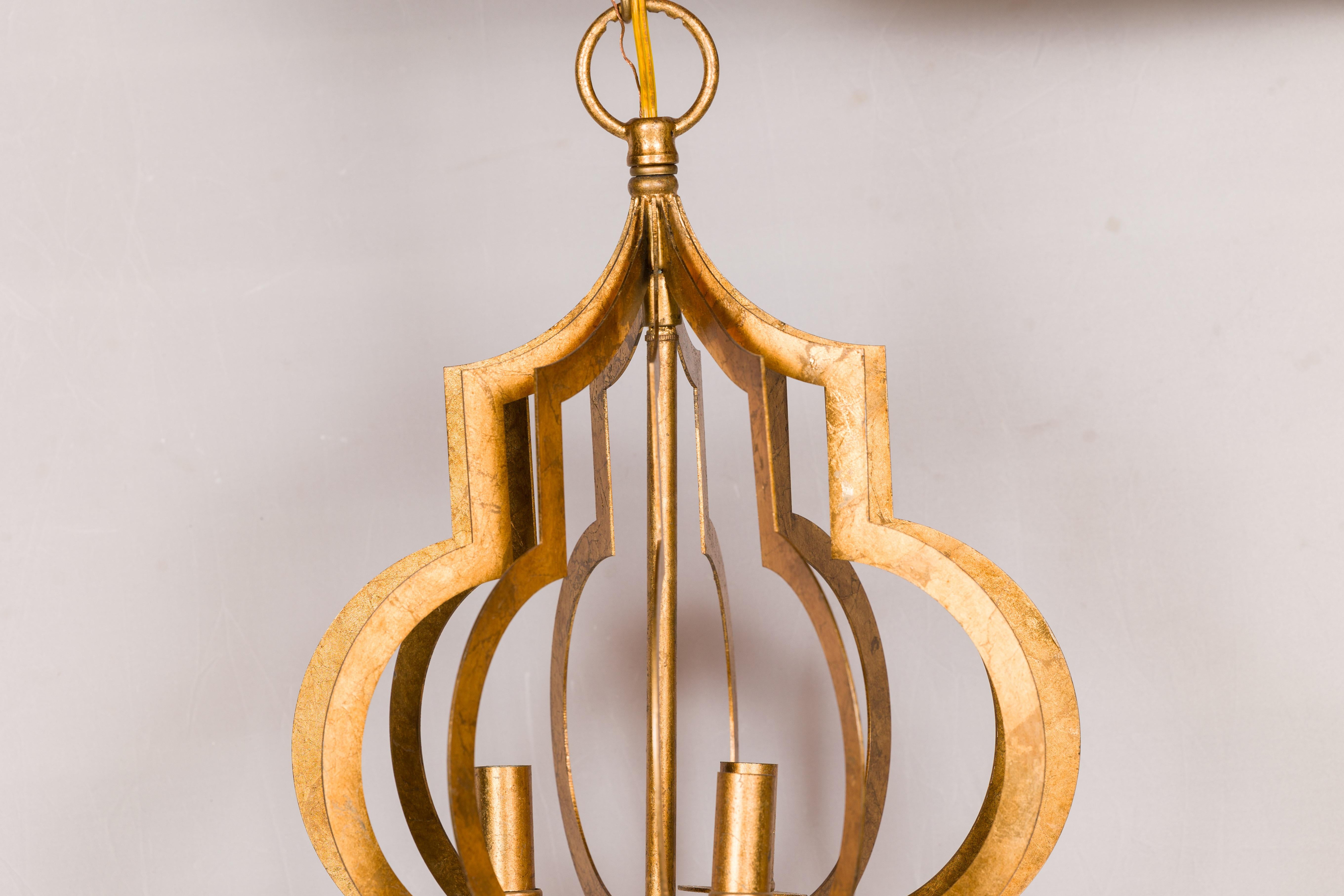 20th Century Midcentury French Gilt Metal Three-Light Lantern with Scrolling Effects, Wired For Sale