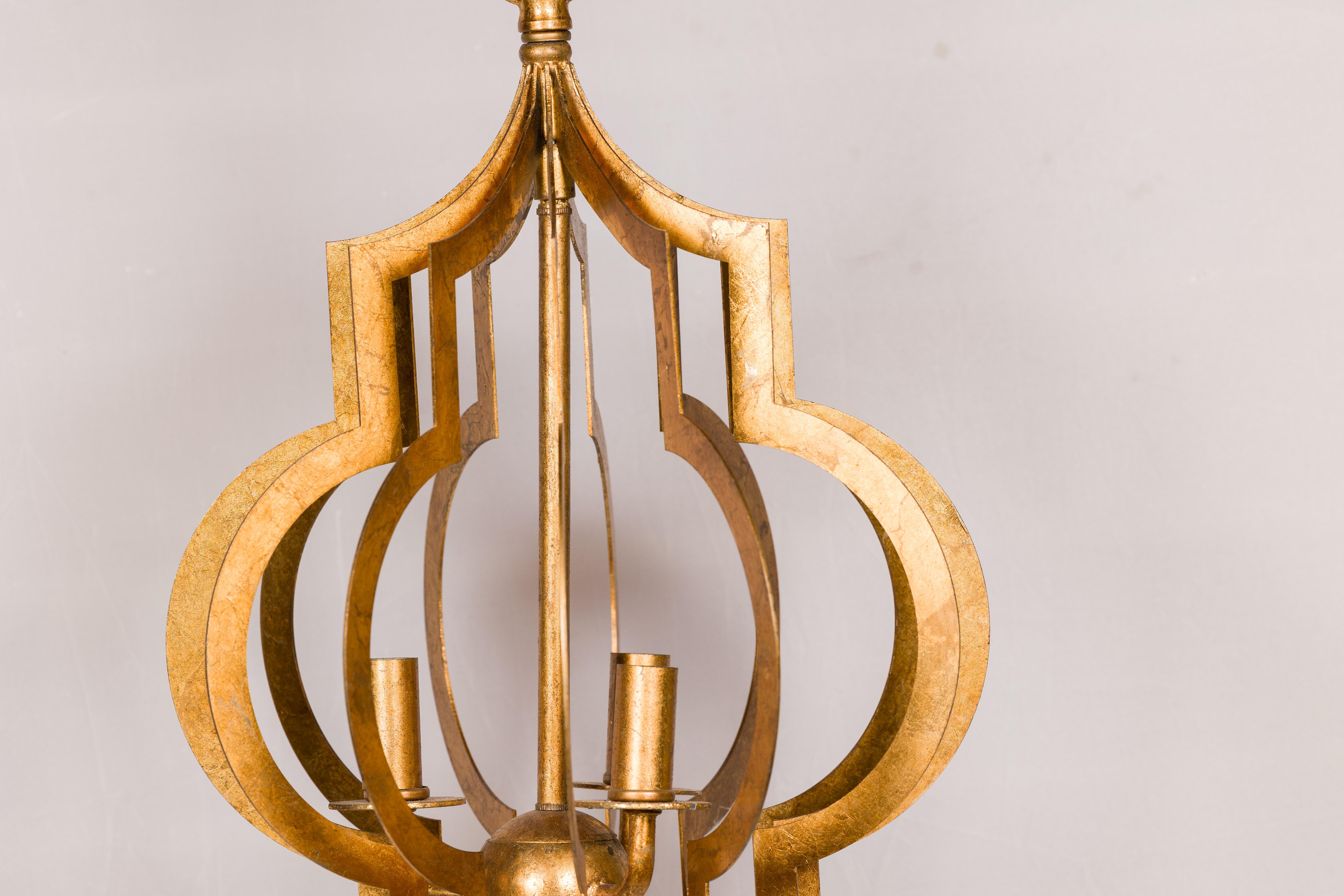Midcentury French Gilt Metal Three-Light Lantern with Scrolling Effects, Wired For Sale 3