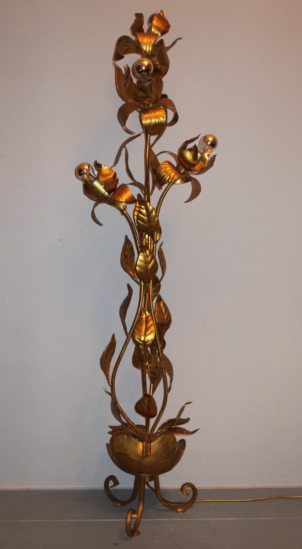 Metal Midcentury French Gilt Tole Tree Floor Lamp For Sale