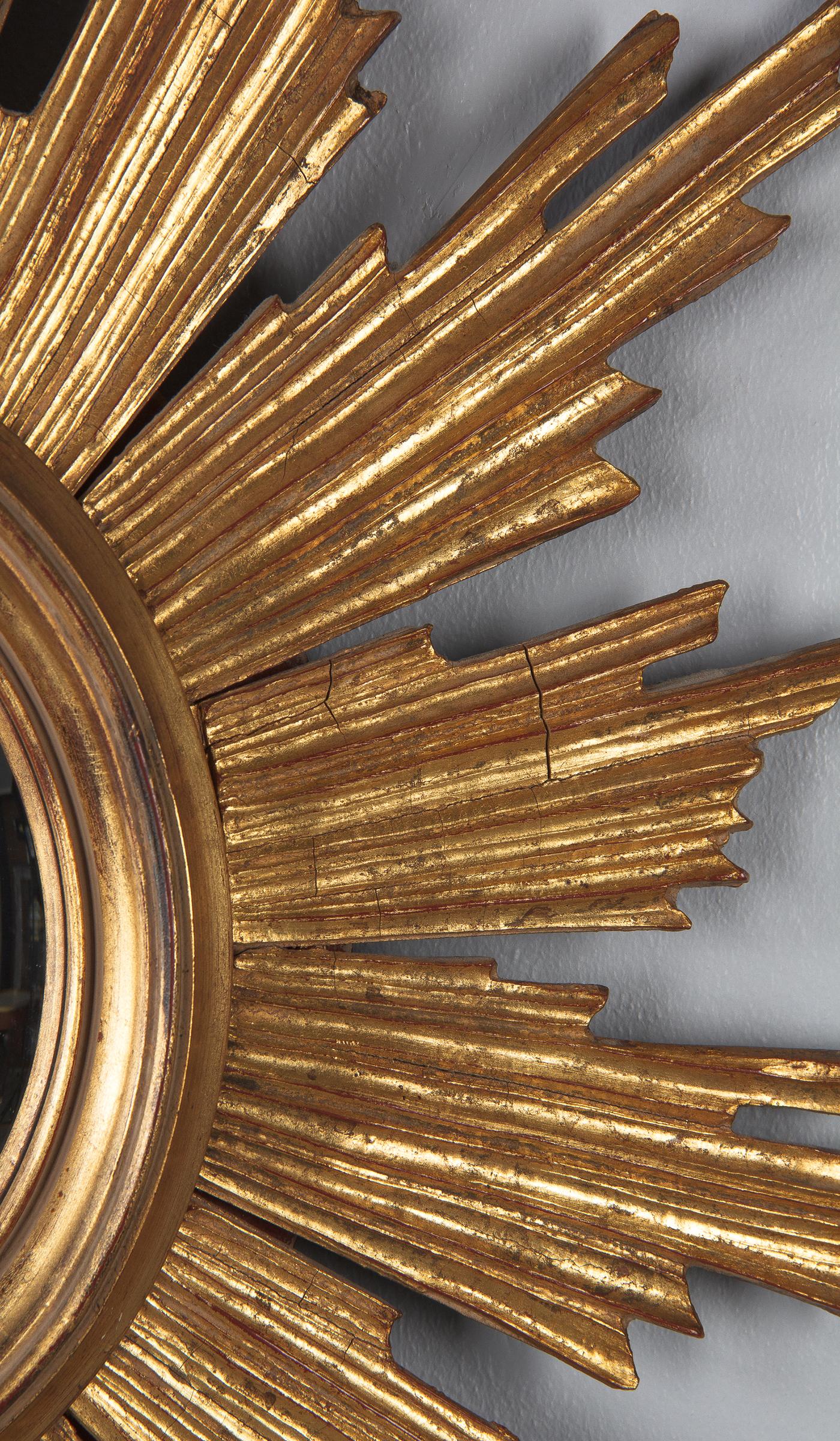 Midcentury French Giltwood Convex Sunburst Mirror, 1950s 7
