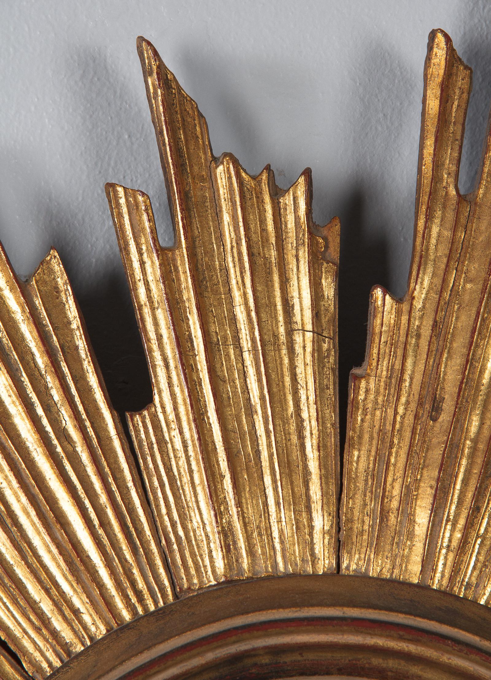Midcentury French Giltwood Convex Sunburst Mirror, 1950s 8