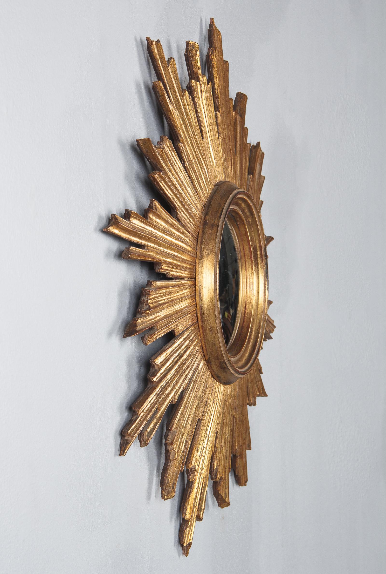 Mid-Century Modern Midcentury French Giltwood Convex Sunburst Mirror, 1950s
