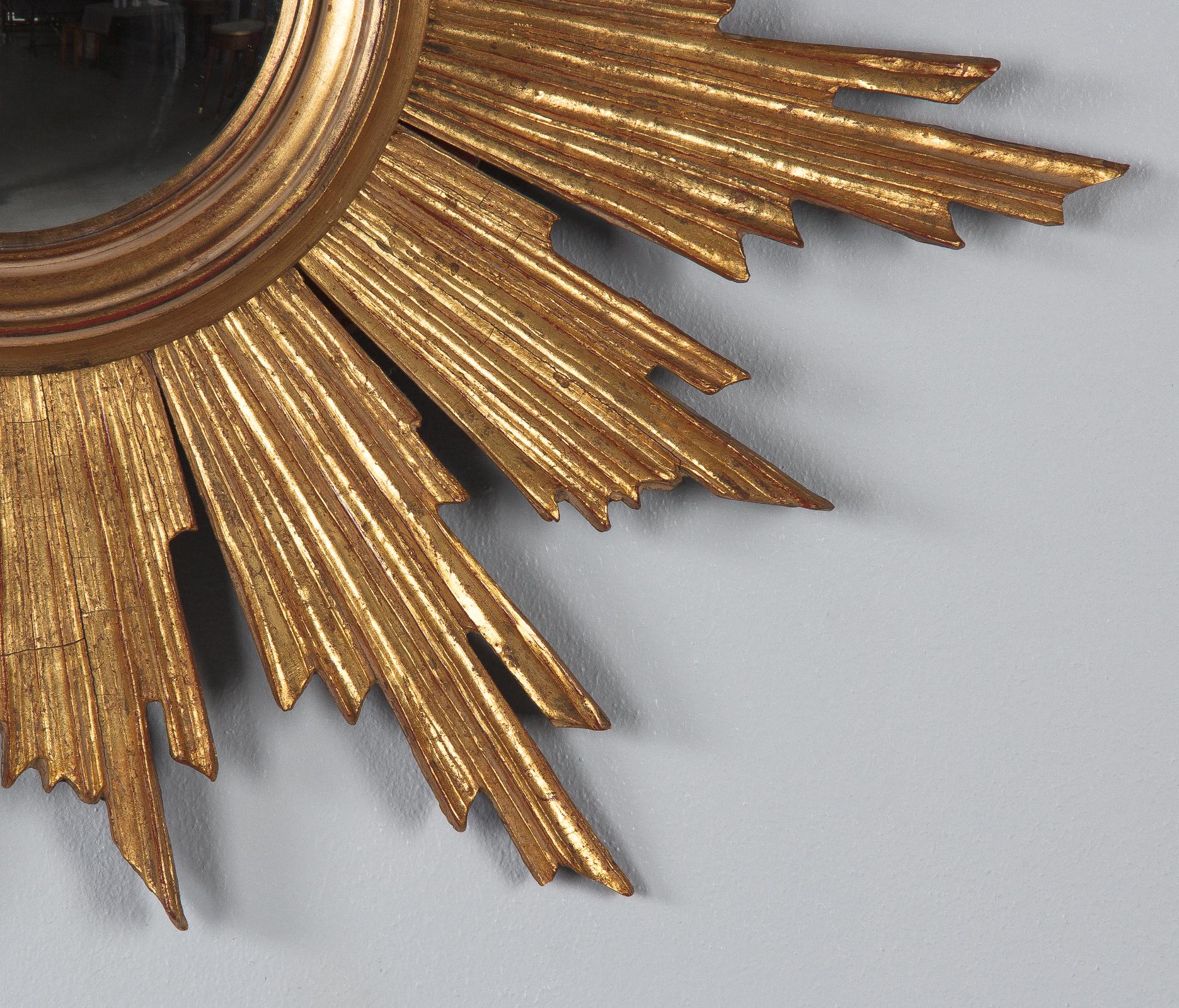Mid-20th Century Midcentury French Giltwood Convex Sunburst Mirror, 1950s