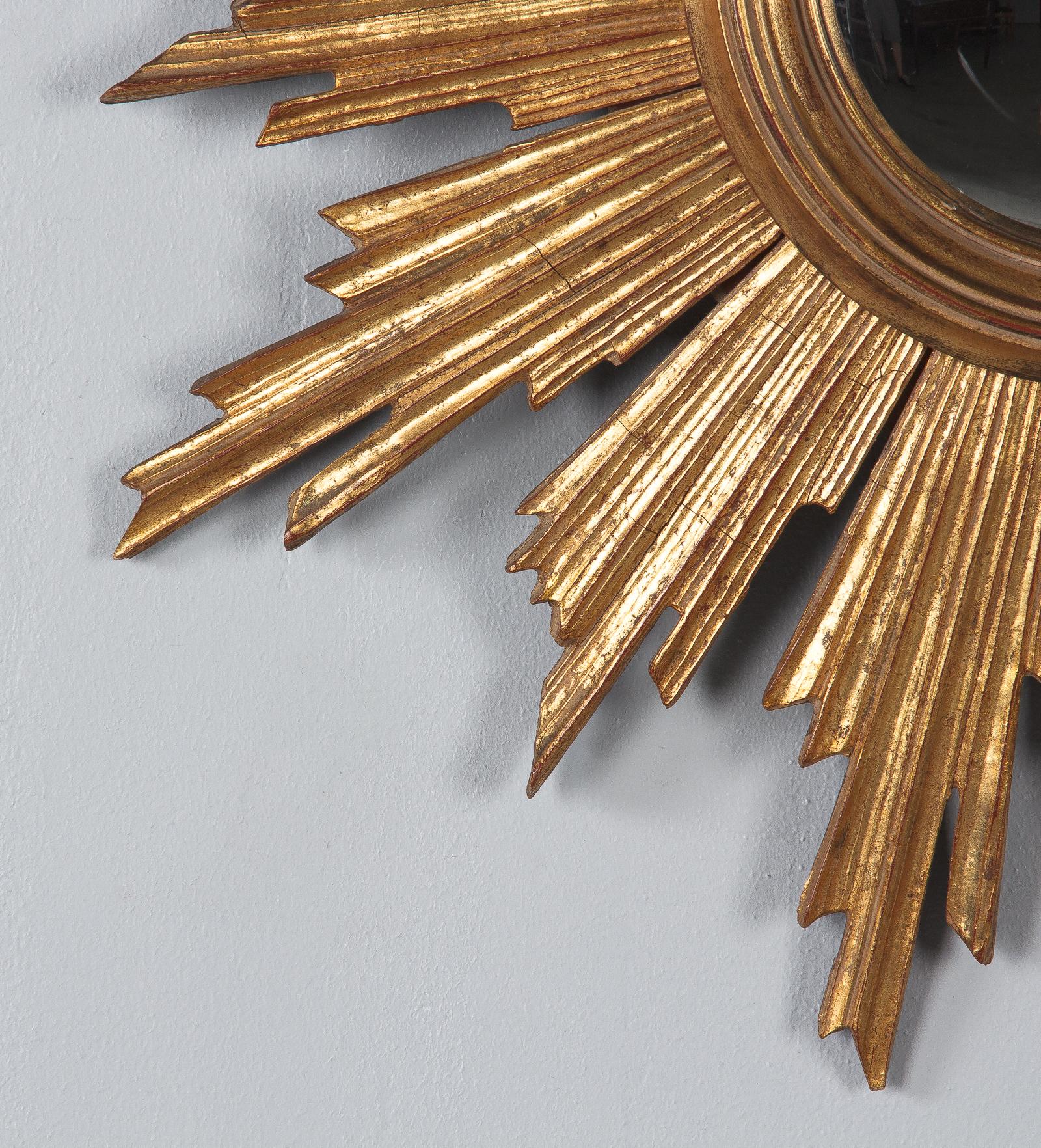 Midcentury French Giltwood Convex Sunburst Mirror, 1950s 1
