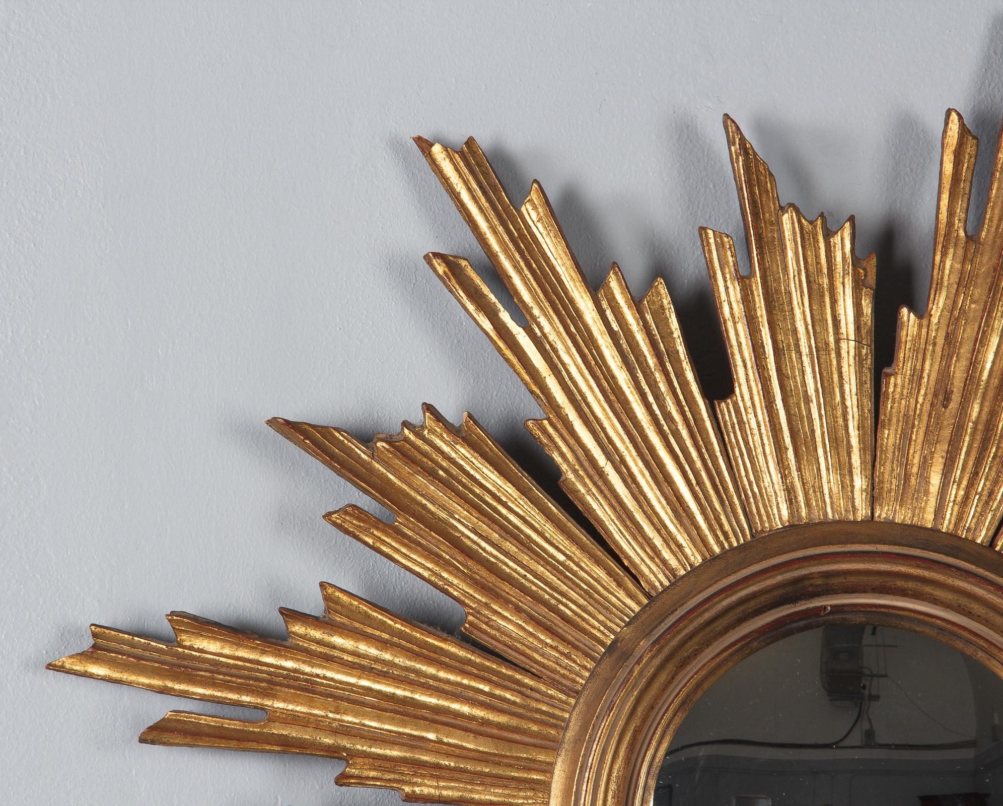 Midcentury French Giltwood Convex Sunburst Mirror, 1950s 2