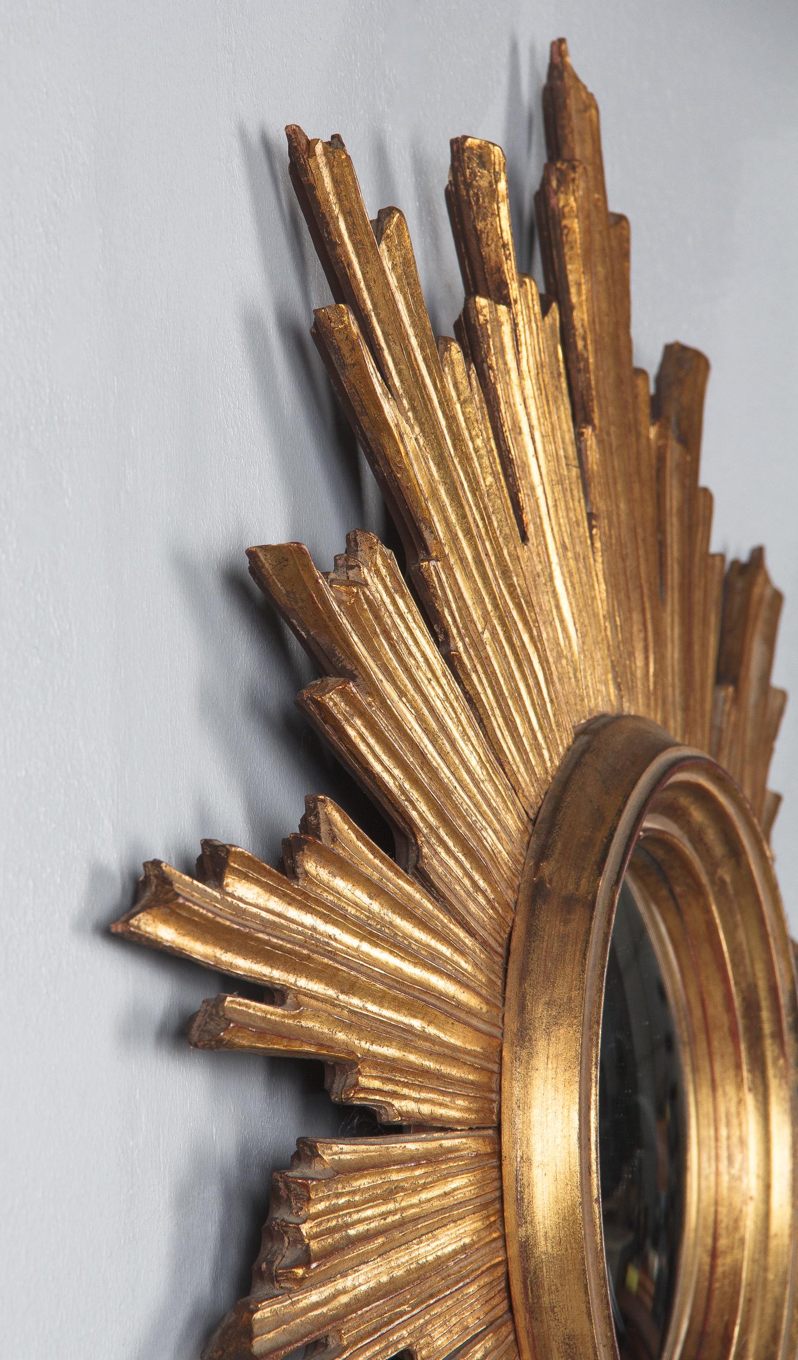 Midcentury French Giltwood Convex Sunburst Mirror, 1950s 3