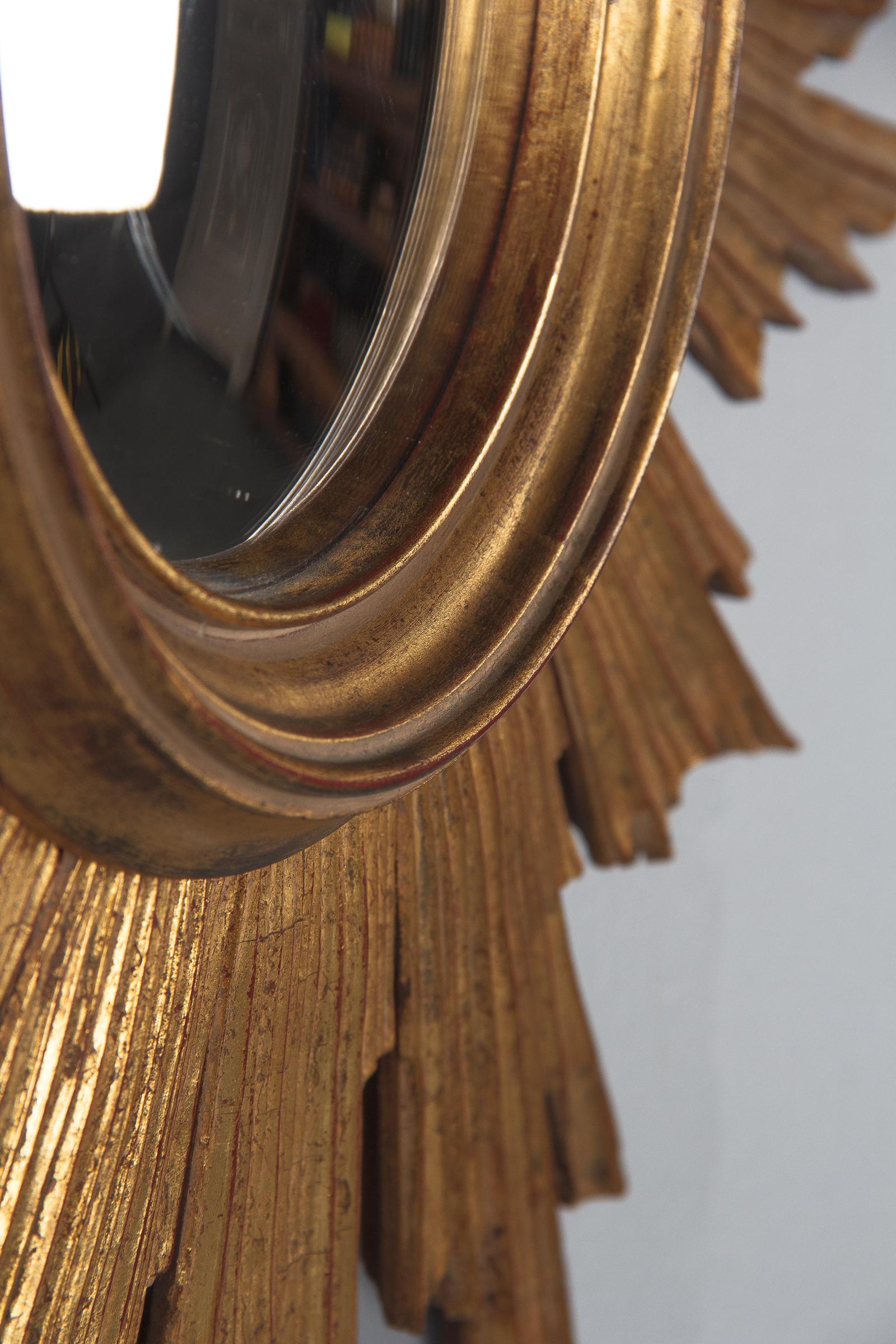 Midcentury French Giltwood Convex Sunburst Mirror, 1950s 4