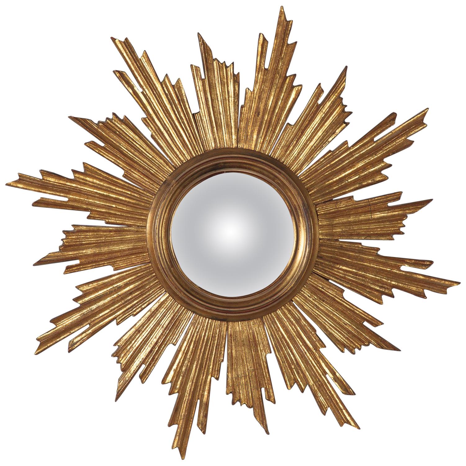 Midcentury French Giltwood Convex Sunburst Mirror, 1950s