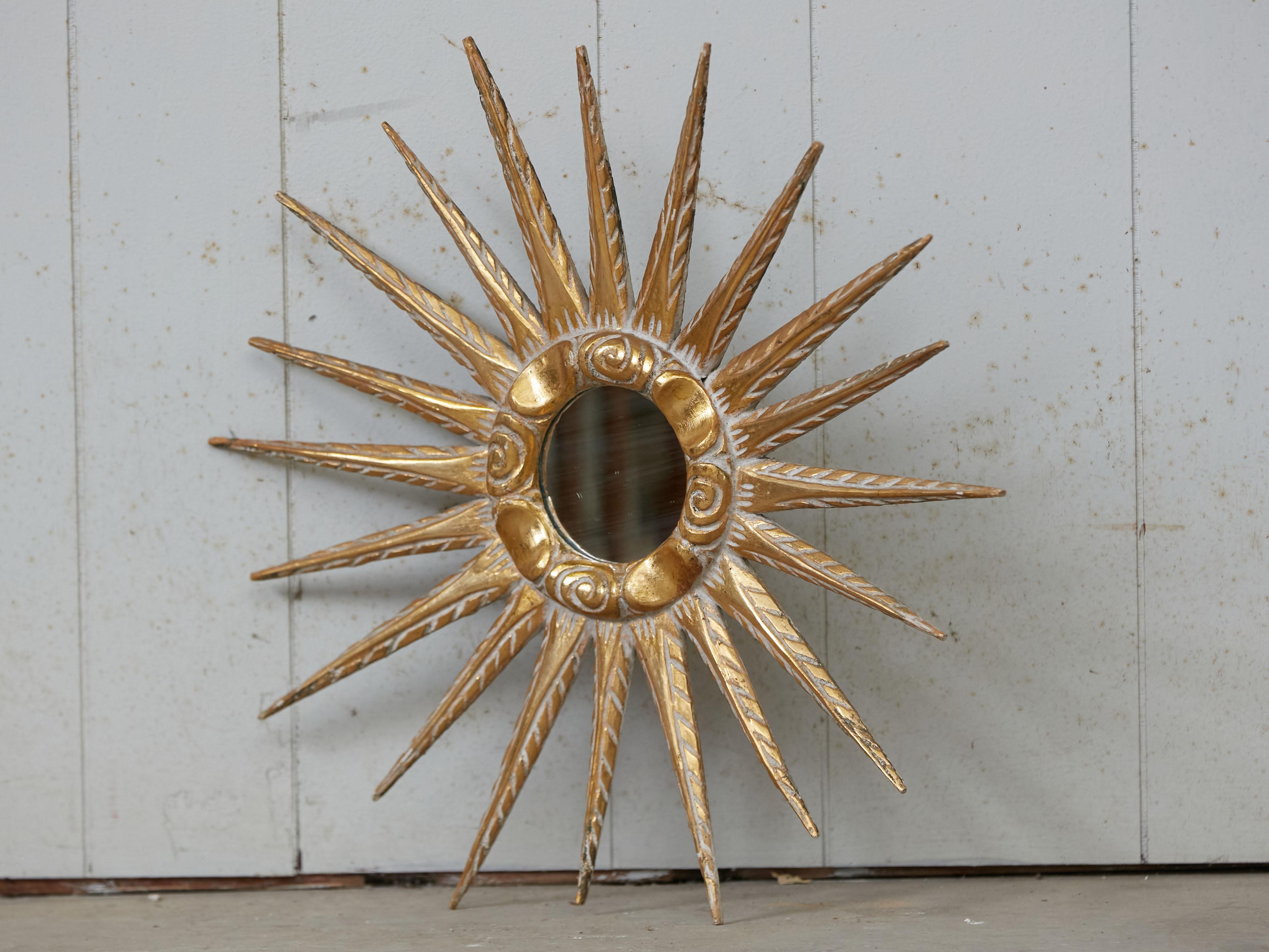 Carved Midcentury French Giltwood Sunburst Mirror with Cloudy Frame, circa 1950