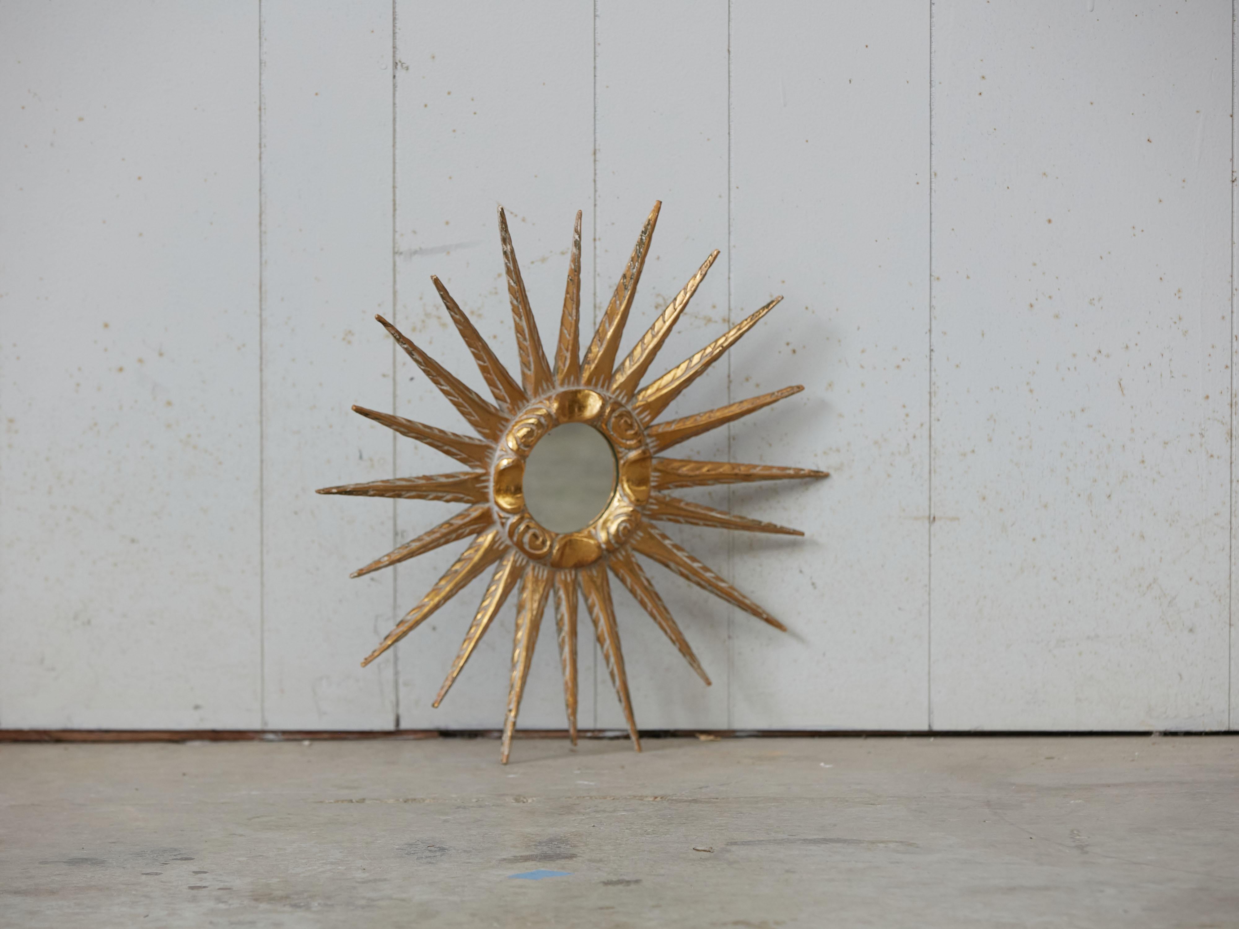 20th Century Midcentury French Giltwood Sunburst Mirror with Cloudy Frame, circa 1950