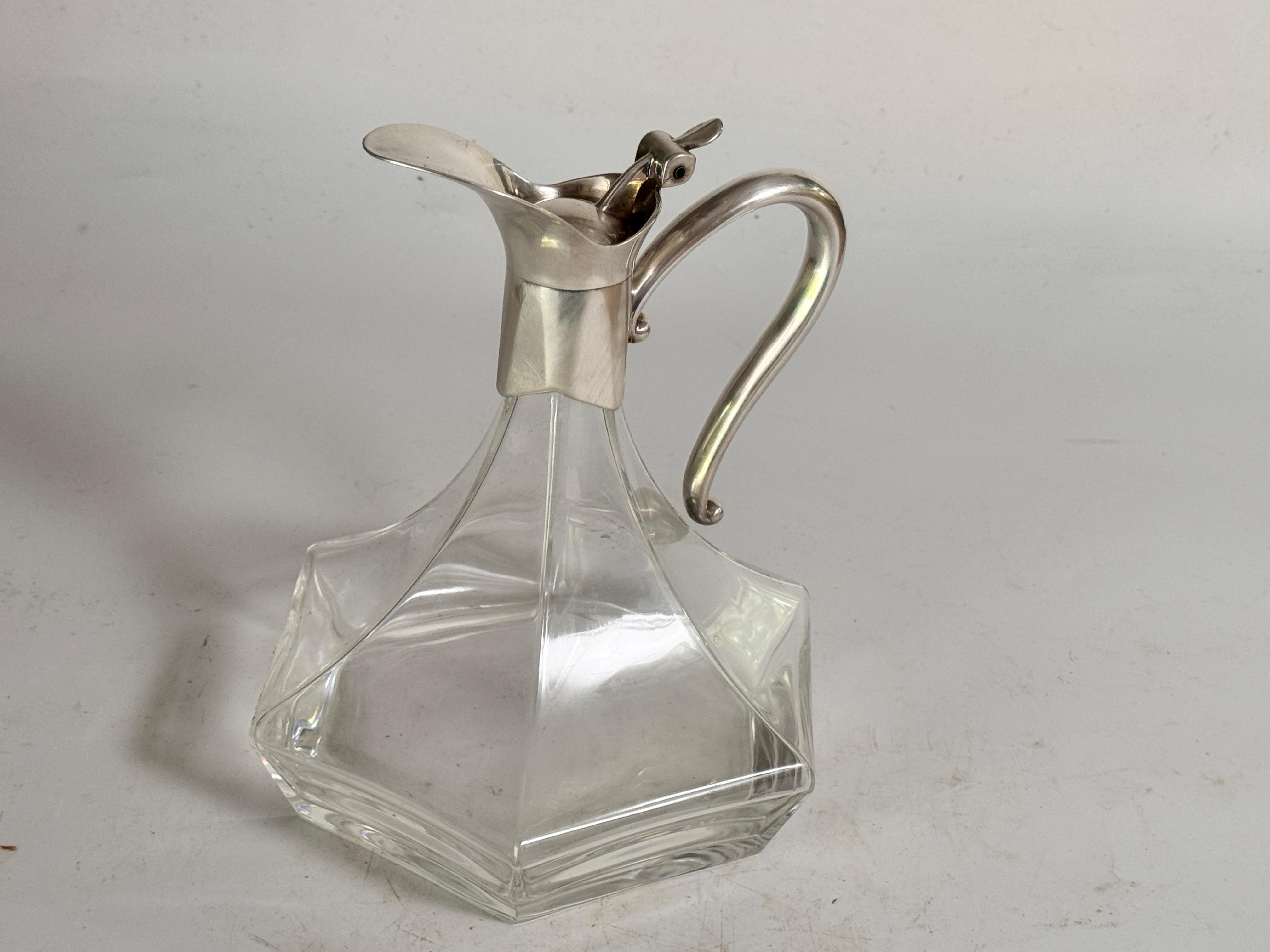 Midcentury French Glass and Silver Plated Over Brass Wine Decanter with Stopper For Sale 3