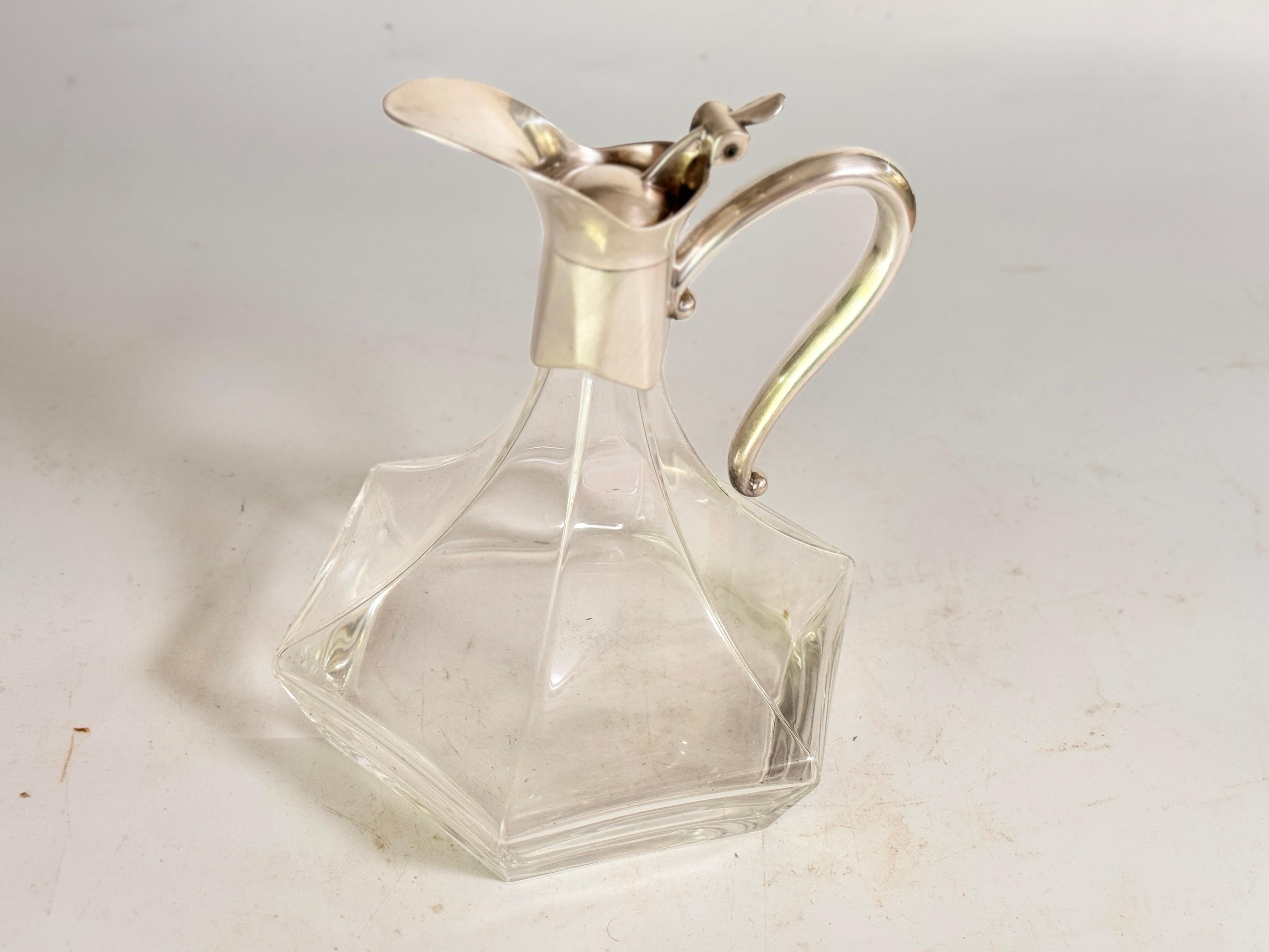 Midcentury French Glass and Silver Plated Over Brass Wine Decanter with Stopper For Sale 4