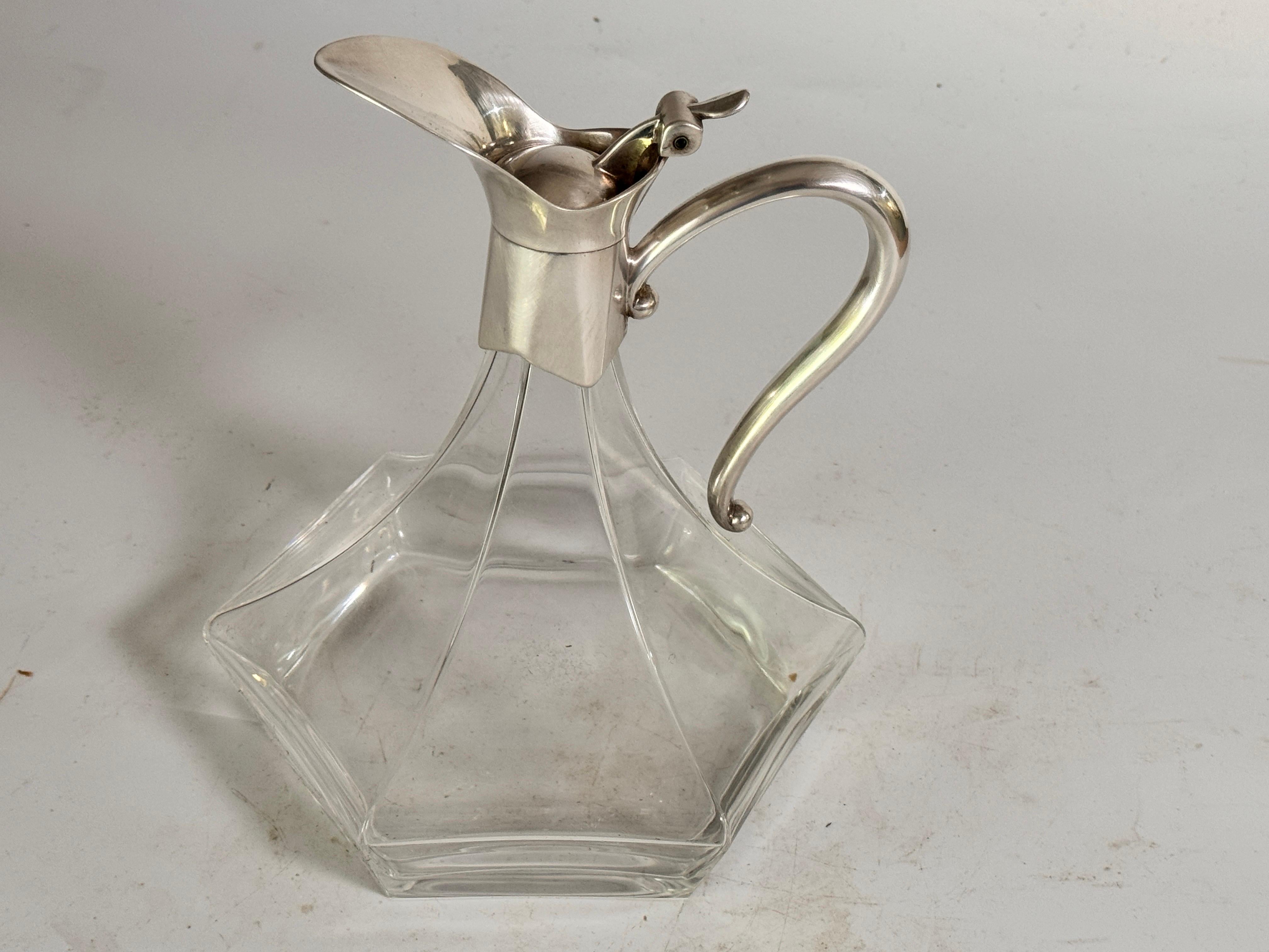 Midcentury French Glass and Silver Plated Over Brass Wine Decanter with Stopper For Sale 5