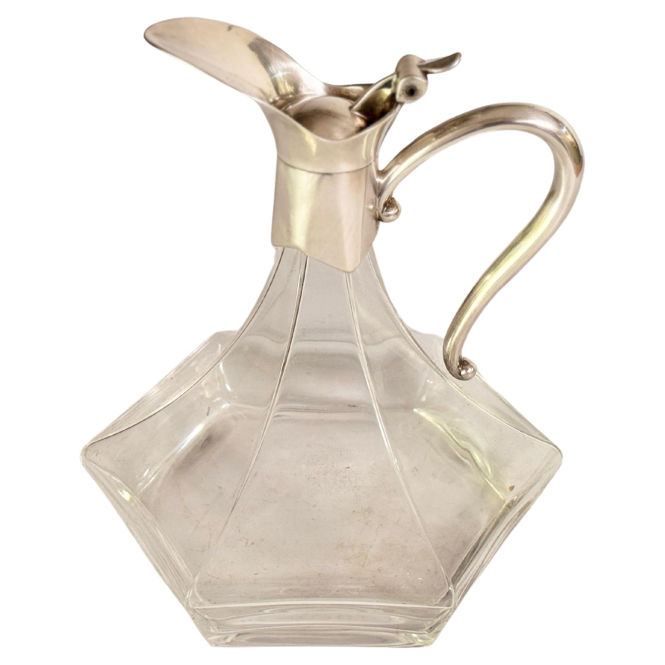 Midcentury French Glass and Silver Plated Over Brass Wine Decanter with Stopper For Sale