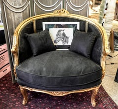 Midcentury French Golded Carved Good and Black Fabric Corbeille Canape