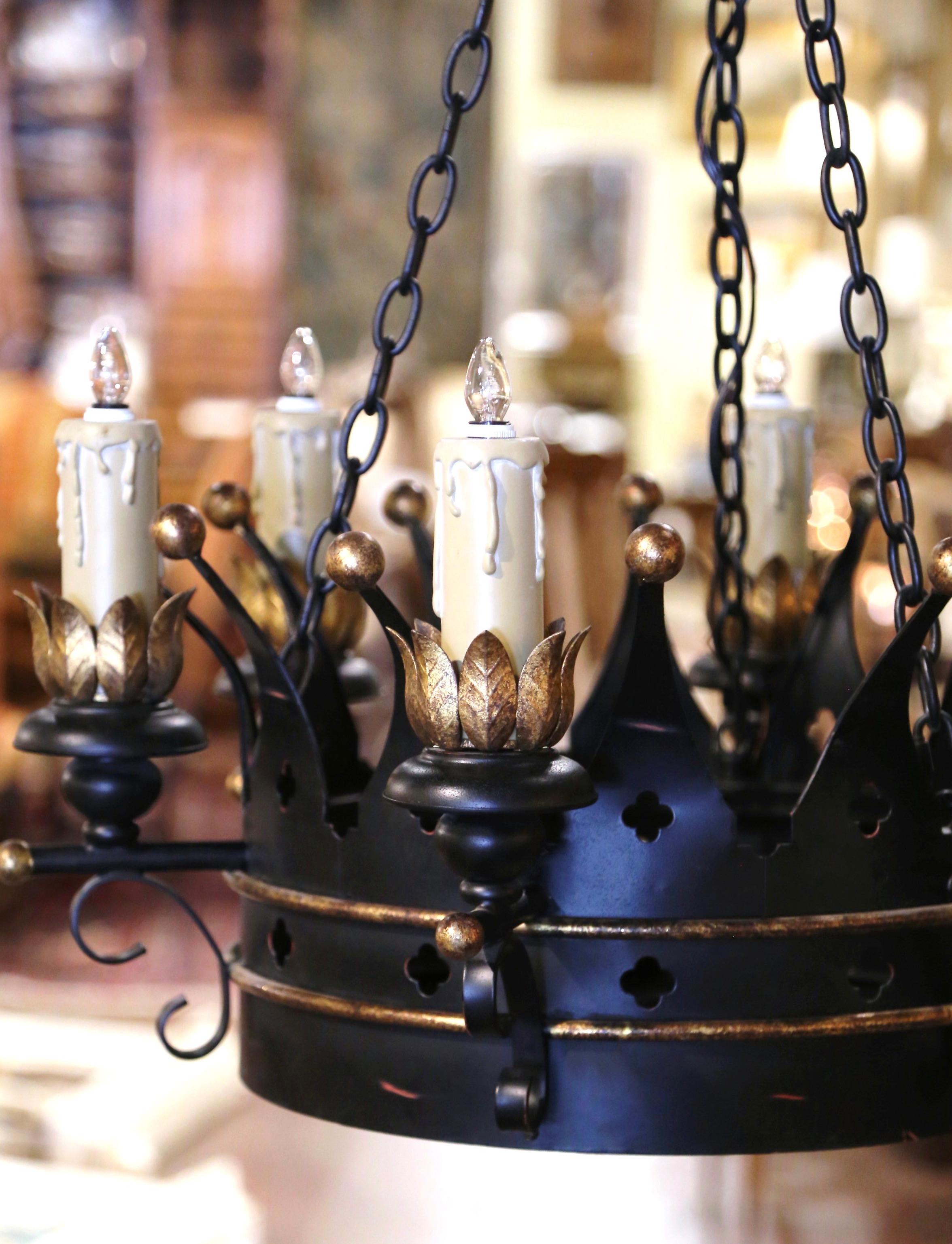 Midcentury French Gothic Black and Gilt Painted Iron Six-Light Crown Chandelier In Excellent Condition For Sale In Dallas, TX