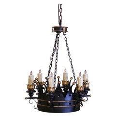 Vintage Midcentury French Gothic Black and Gilt Painted Iron Six-Light Crown Chandelier
